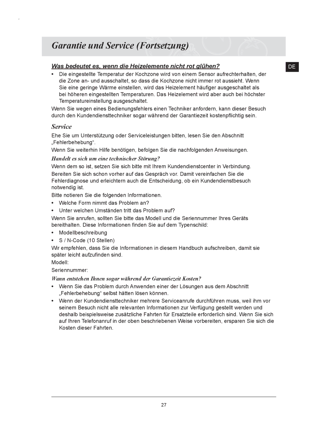 Samsung C61RCDST/XEG, C61RCAST/XEG manual Garantie und Service Fortsetzung, Handelt es sich um eine technischer Störung? 