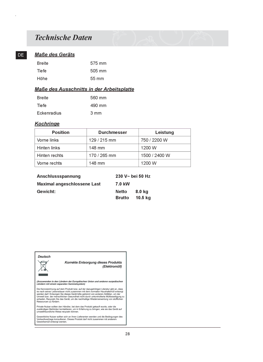 Samsung C61RCAST/XEG, C61RCDST/XEG manual Technische Daten, Kochringe 