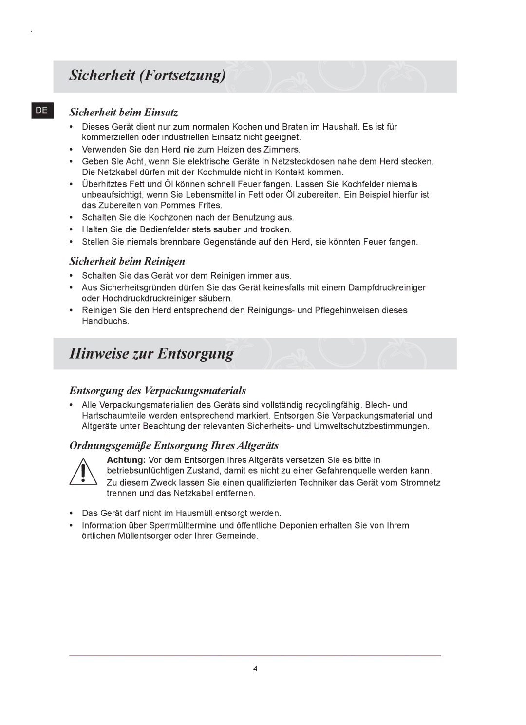 Samsung C61RCAST/XEG, C61RCDST/XEG manual Sicherheit Fortsetzung, Hinweise zur Entsorgung 