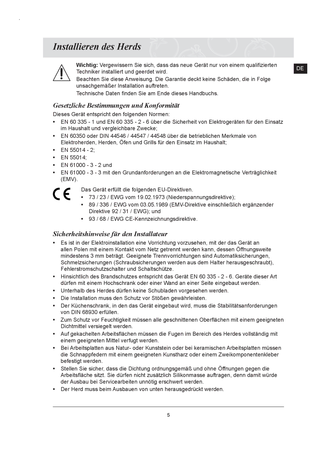 Samsung C61RCDST/XEG, C61RCAST/XEG manual Installieren des Herds, Gesetzliche Bestimmungen und Konformität 