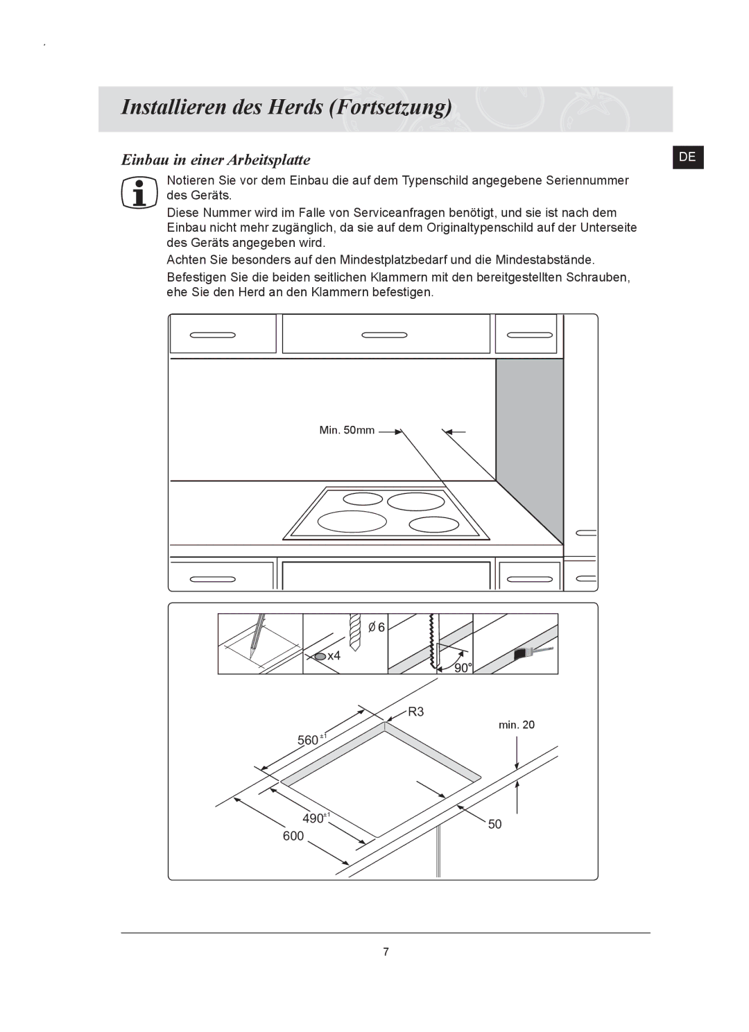 Samsung C61RCDST/XEG, C61RCAST/XEG manual Einbau in einer Arbeitsplatte 