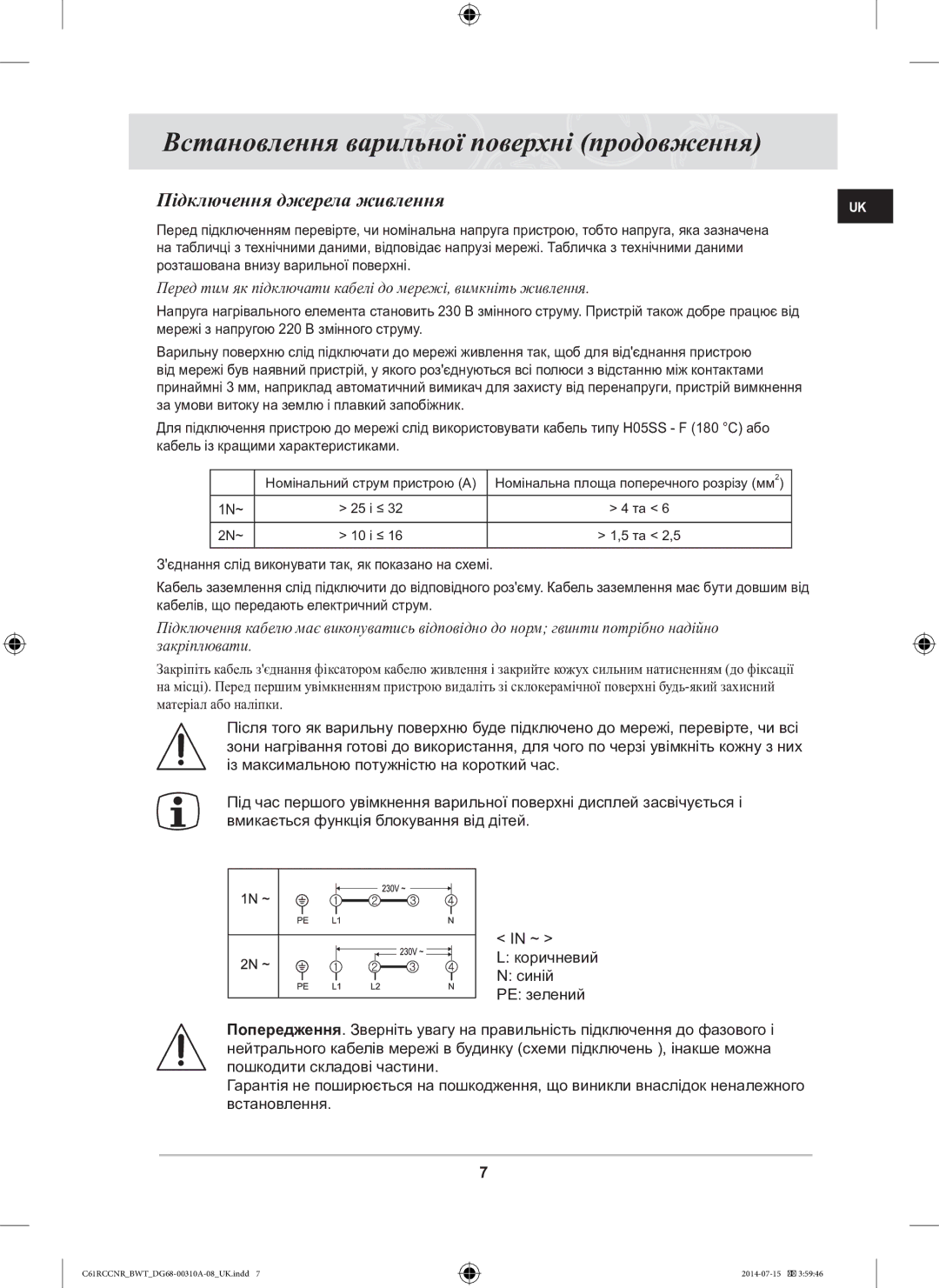 Samsung C61RCCNR/BWT manual Встановлення варильної поверхні продовження, Підключення джерела живлення 