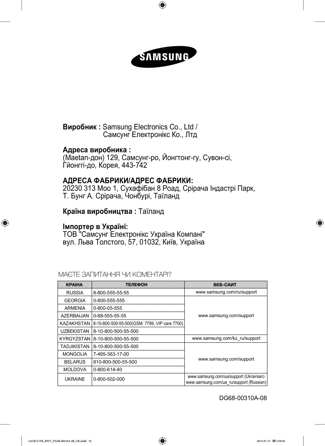 Samsung C61RCCNR/BWT manual Адреса ФАБРИКИ/АДРЕС Фабрики 