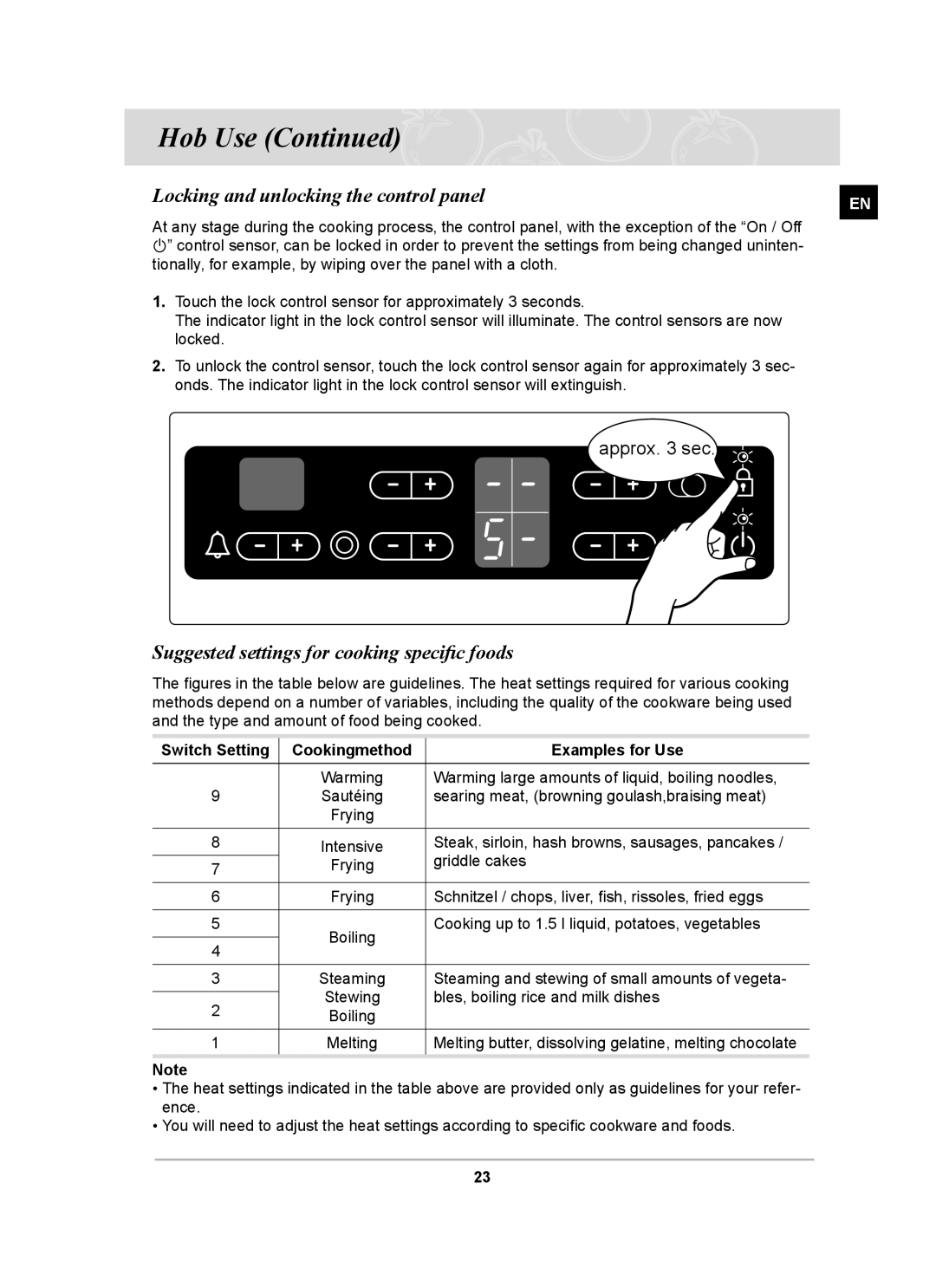 Samsung C61RCCN/SLI manual Locking and unlocking the control panel, Suggested settings for cooking speciﬁc foods 