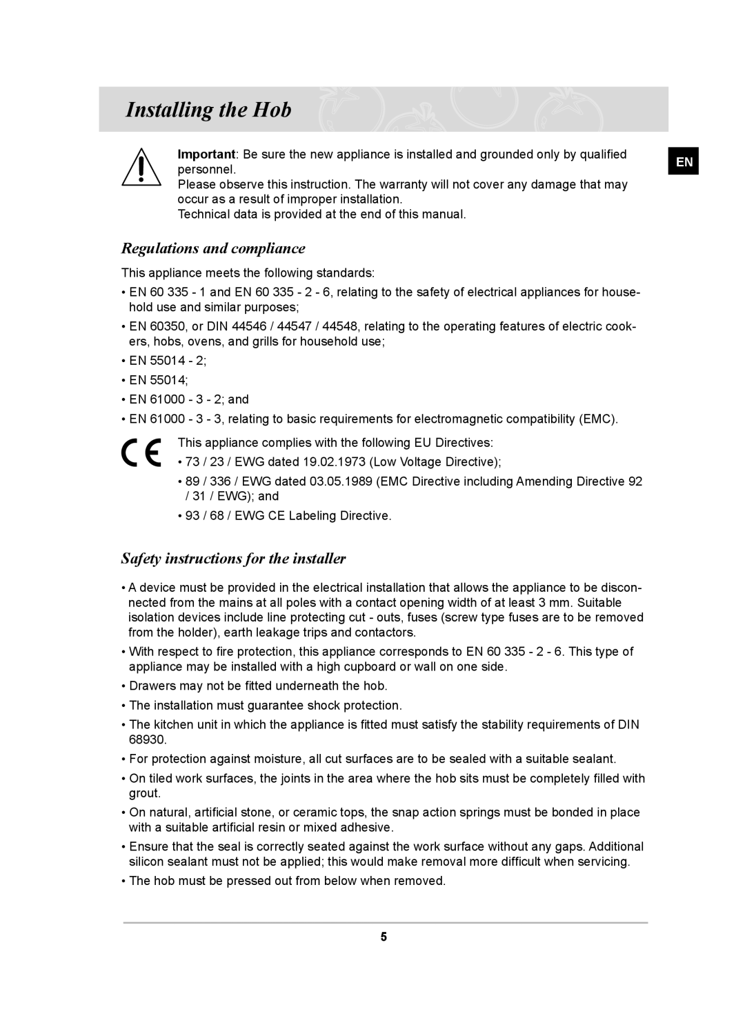 Samsung C61RCCN/SLI manual Installing the Hob, Regulations and compliance, Safety instructions for the installer 