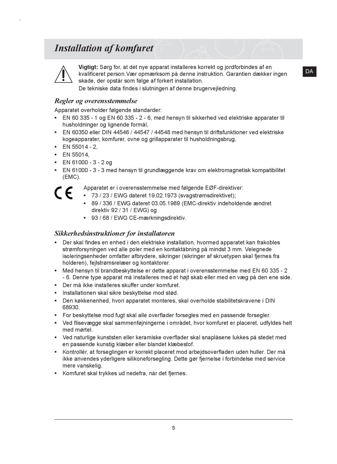 Samsung C61RCAST/XEE manual Installation af komfuret, Regler og overensstemmelse, Sikkerhedsinstruktioner for installatøren 