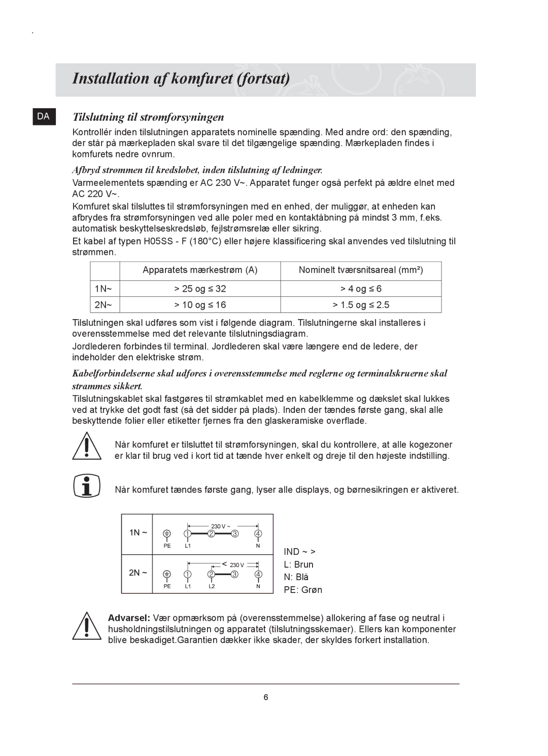 Samsung C61RCCN/XEE, C61RCAST/XEE manual Installation af komfuret fortsat, Tilslutning til strømforsyningen 