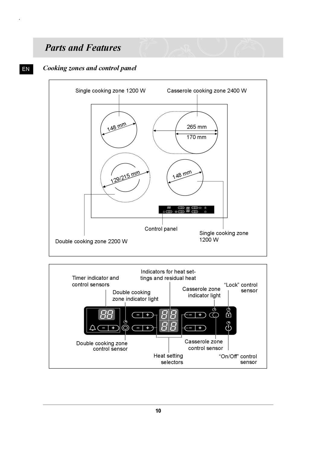 Samsung C61RCCN/XEE, C61RCAST/XEE manual Parts and Features, EN Cooking zones and control panel 