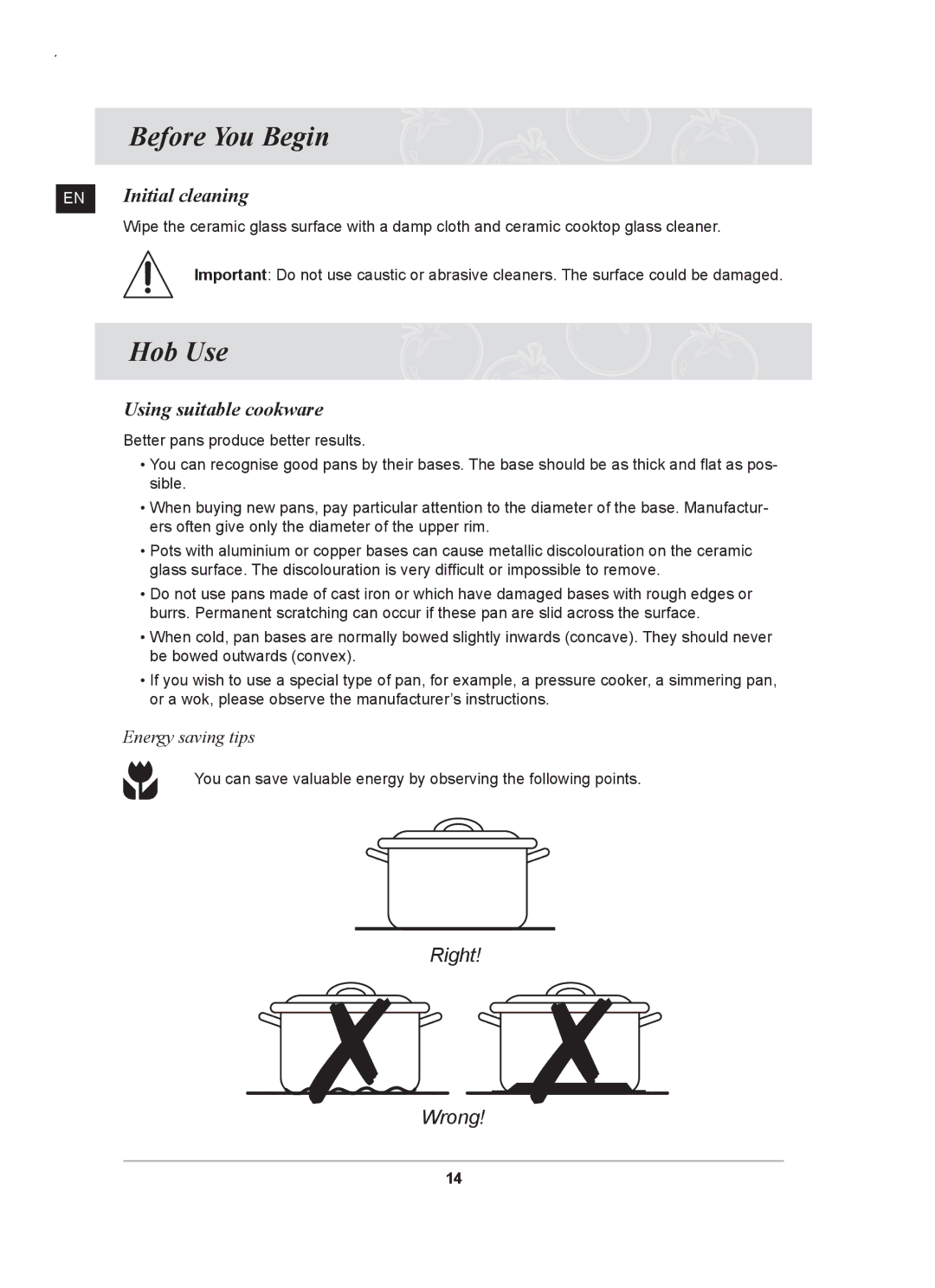 Samsung C61RCCN/XEE manual Before You Begin, Hob Use, EN Initial cleaning, Using suitable cookware, Energy saving tips 