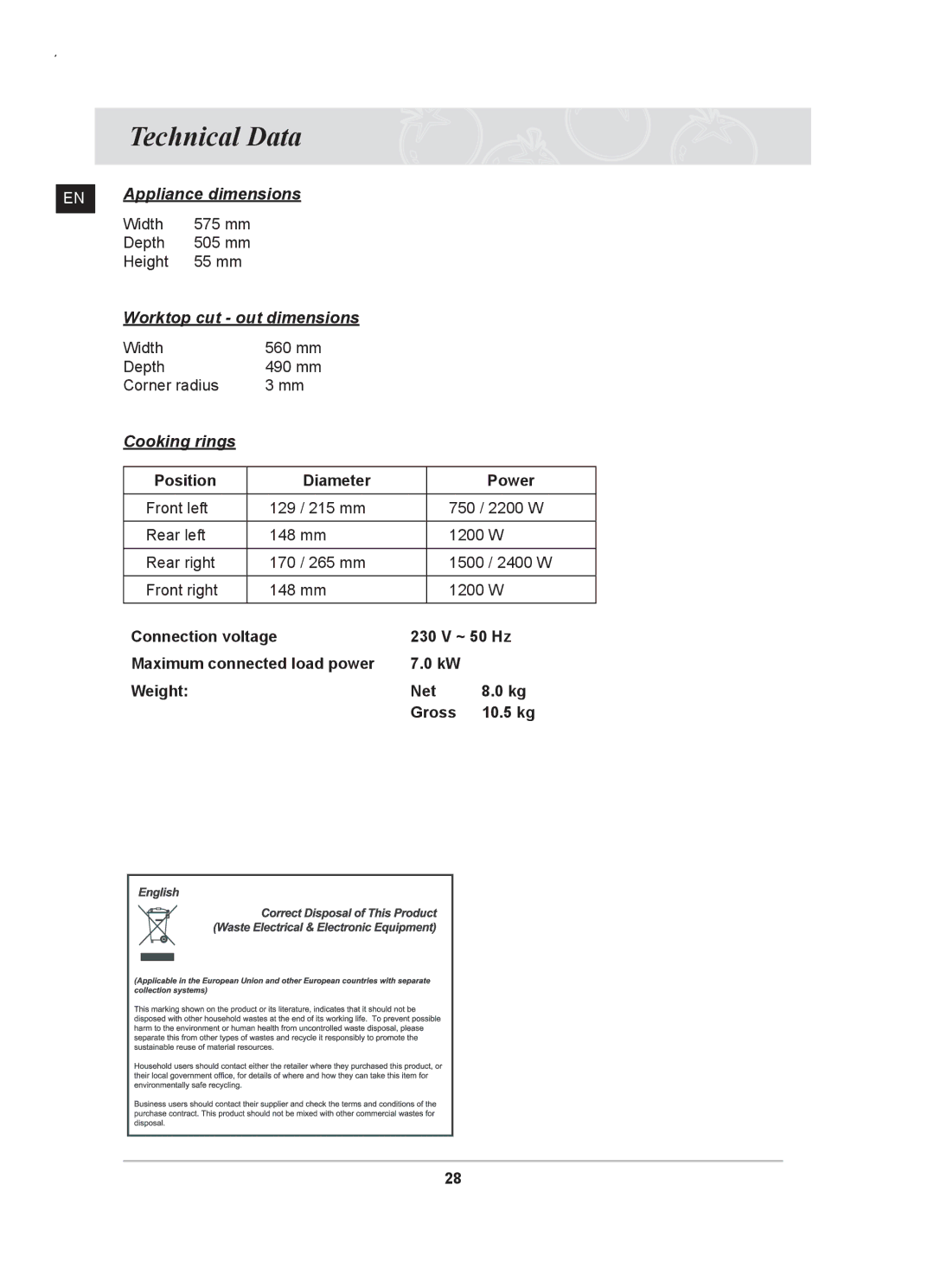 Samsung C61RCCN/XEE, C61RCAST/XEE manual Technical Data, Cooking rings 