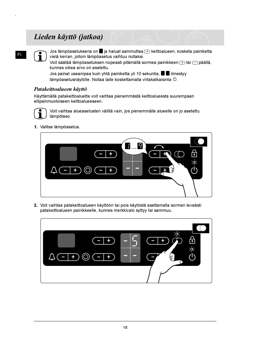 Samsung C61RCCN/XEE, C61RCAST/XEE manual Patakeittoalueen käyttö 