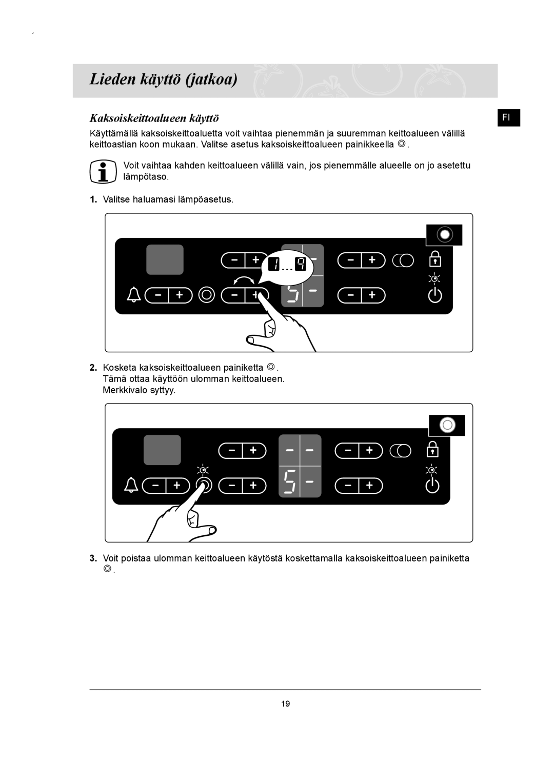 Samsung C61RCAST/XEE, C61RCCN/XEE manual Kaksoiskeittoalueen käyttö 