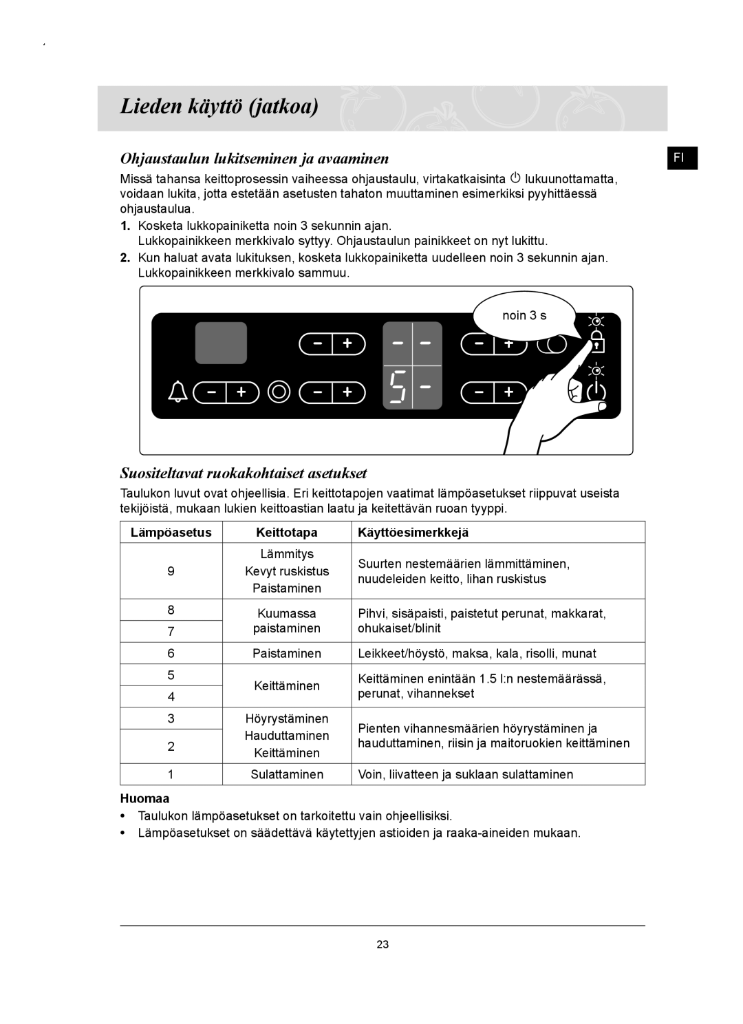 Samsung C61RCAST/XEE, C61RCCN/XEE manual Ohjaustaulun lukitseminen ja avaaminen, Suositeltavat ruokakohtaiset asetukset 