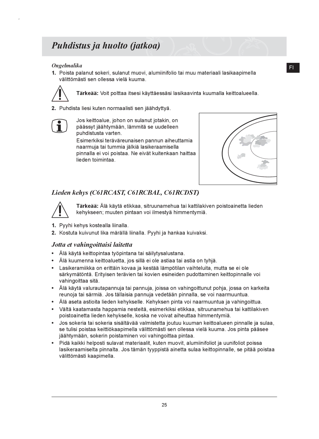 Samsung C61RCAST/XEE, C61RCCN/XEE manual Puhdistus ja huolto jatkoa, Lieden kehys C61RCAST, C61RCBAL, C61RCDST, Ongelmalika 