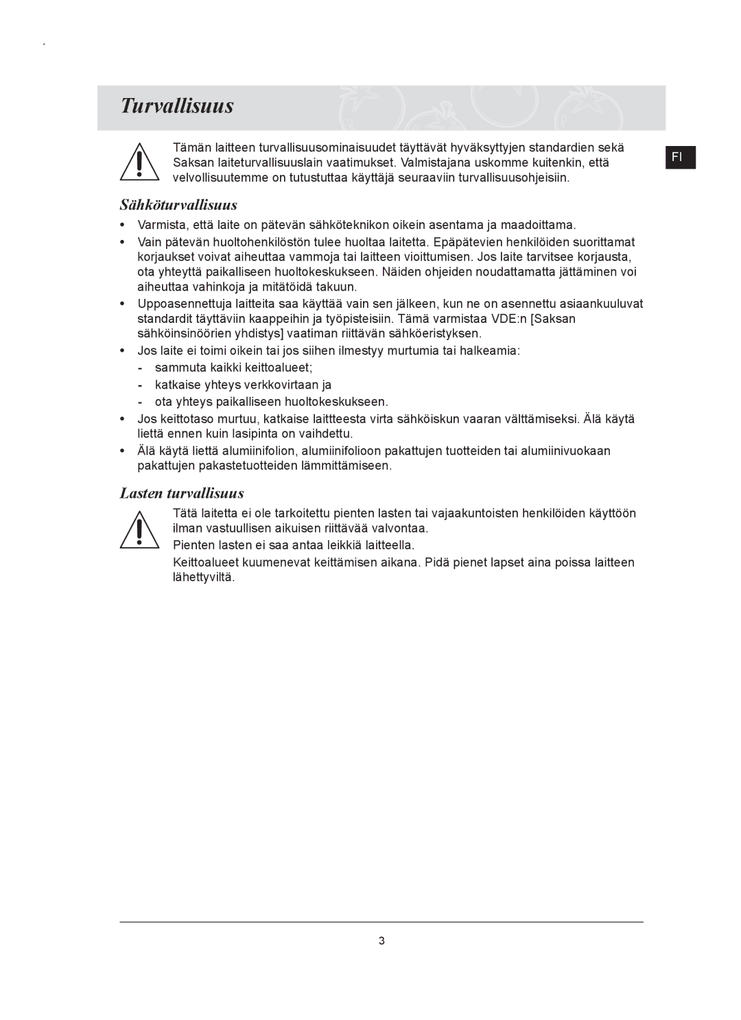 Samsung C61RCAST/XEE, C61RCCN/XEE manual Turvallisuus, Sähköturvallisuus, Lasten turvallisuus 