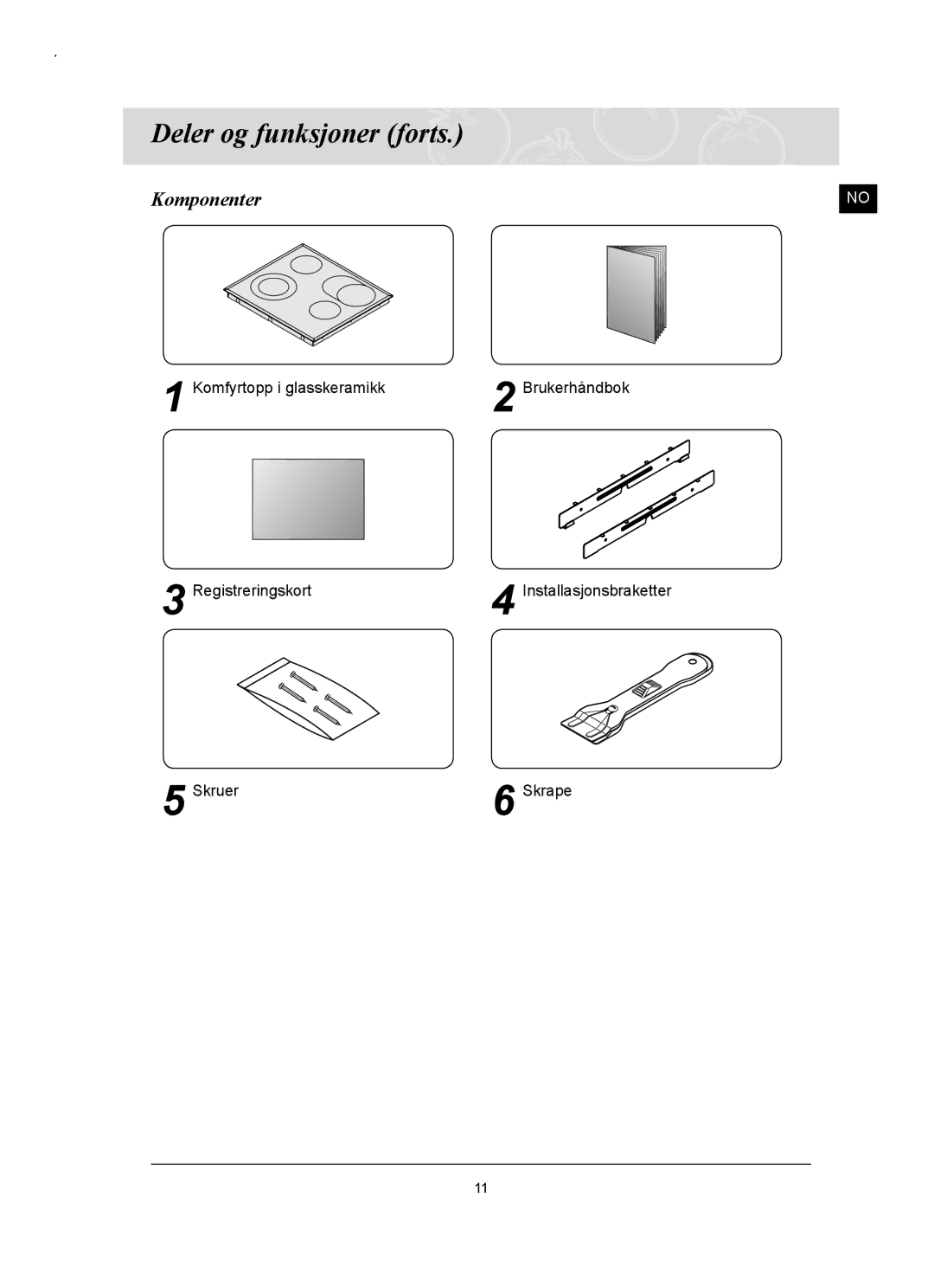 Samsung C61RCAST/XEE, C61RCCN/XEE manual Deler og funksjoner forts, Komponenter 