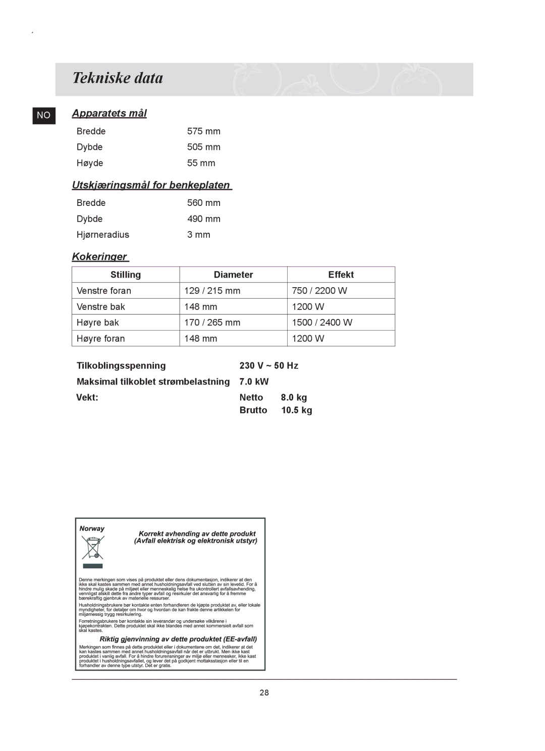 Samsung C61RCCN/XEE, C61RCAST/XEE manual Tekniske data, Kokeringer 