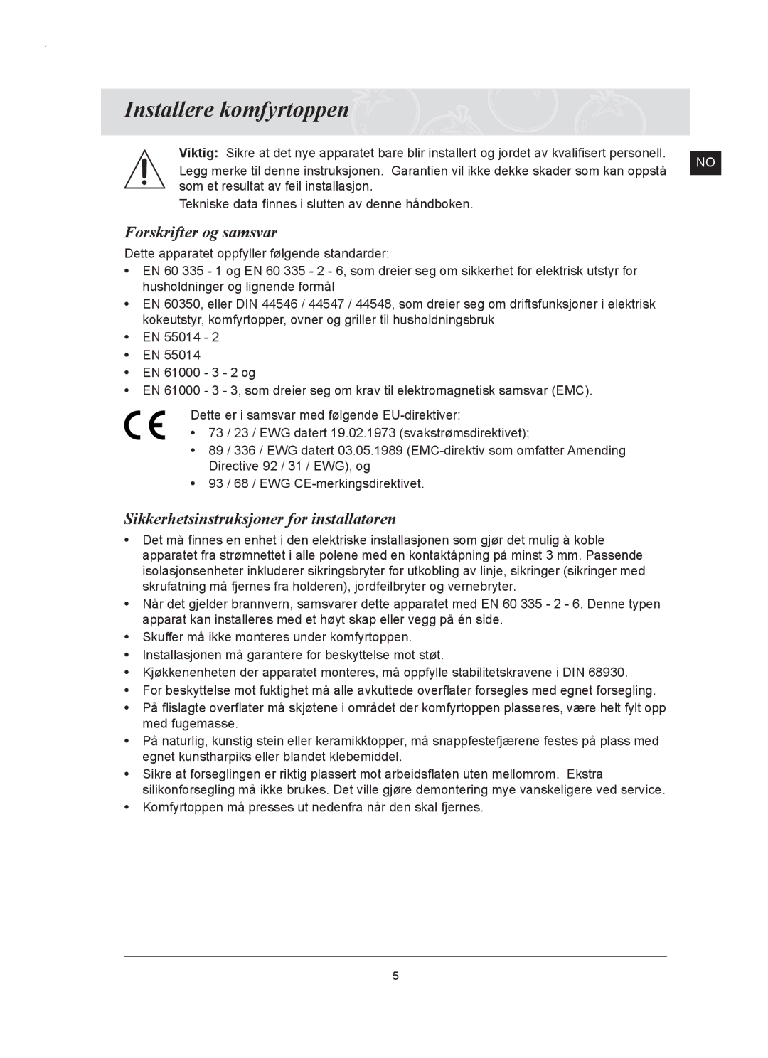 Samsung C61RCAST/XEE manual Installere komfyrtoppen, Forskrifter og samsvar, Sikkerhetsinstruksjoner for installatøren 