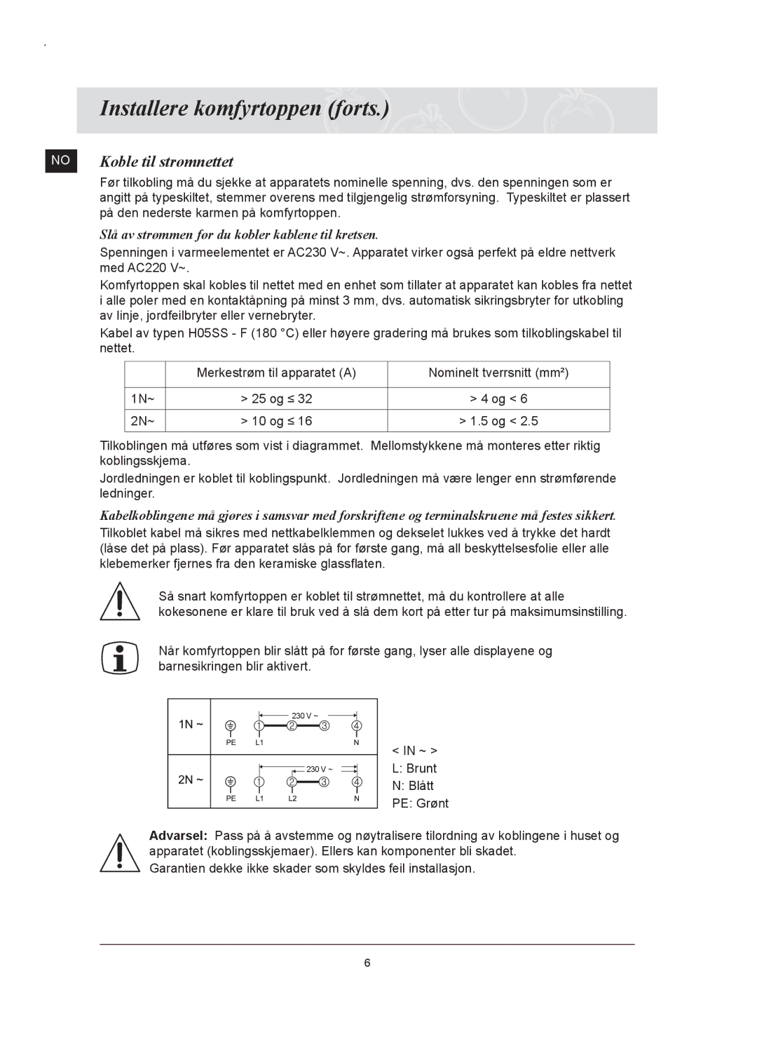 Samsung C61RCCN/XEE, C61RCAST/XEE manual Installere komfyrtoppen forts, Koble til strømnettet 