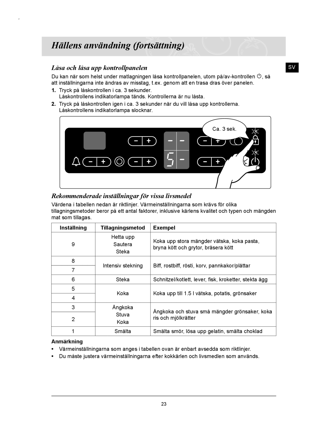 Samsung C61RCAST/XEE, C61RCCN/XEE manual Låsa och låsa upp kontrollpanelen, Rekommenderade inställningar för vissa livsmedel 