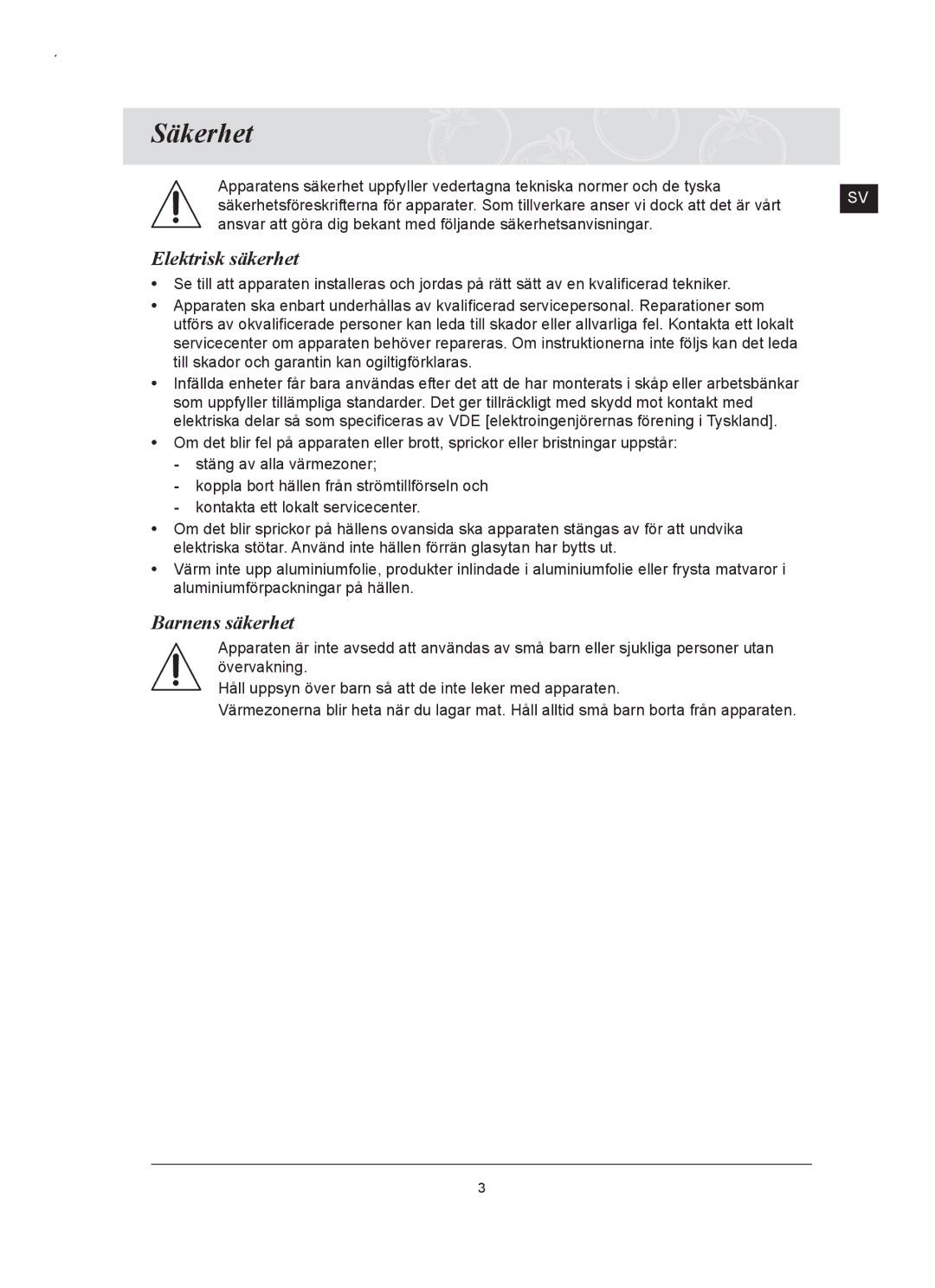 Samsung C61RCAST/XEE, C61RCCN/XEE manual Säkerhet, Elektrisk säkerhet, Barnens säkerhet 