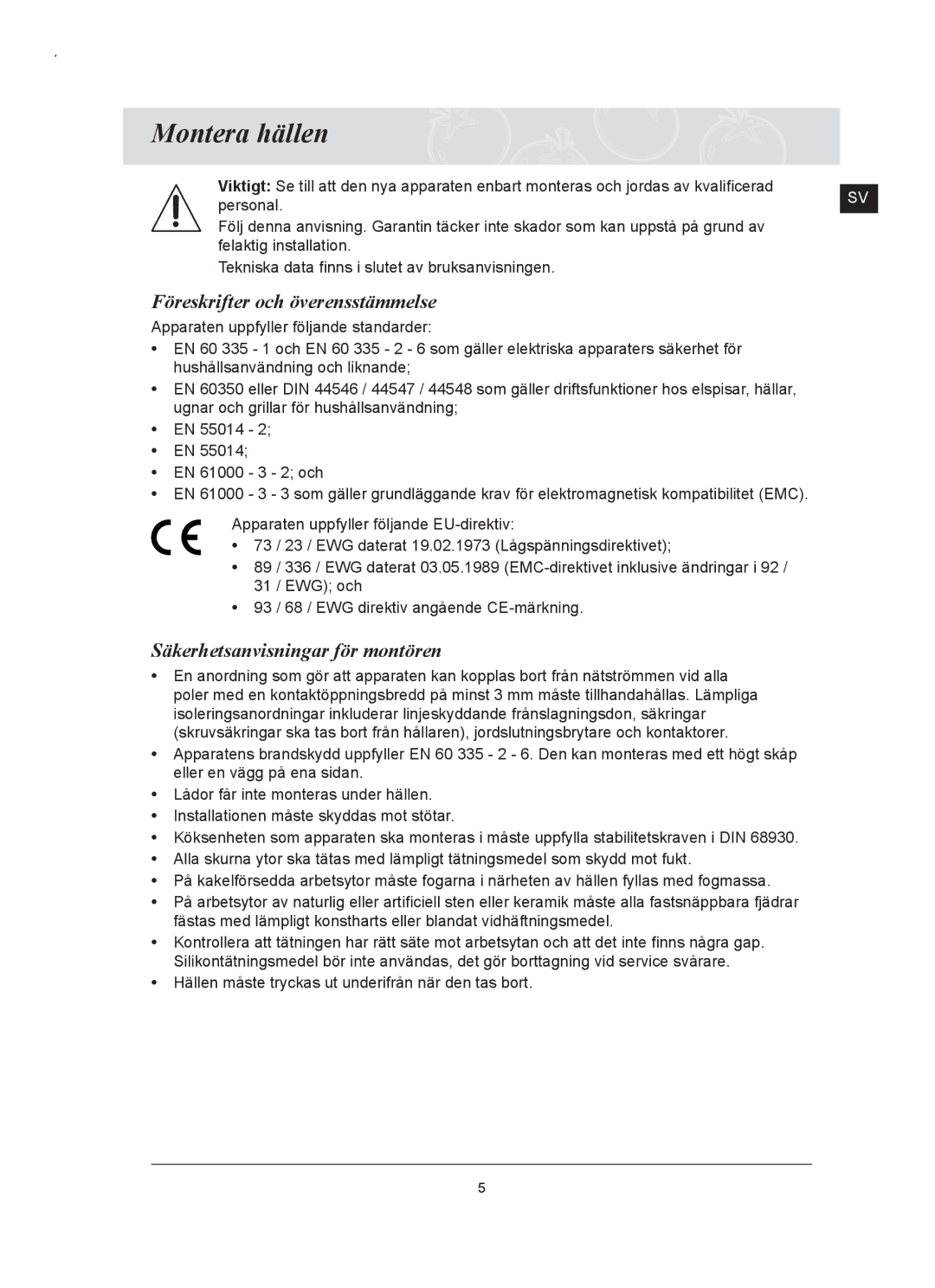 Samsung C61RCAST/XEE, C61RCCN/XEE Montera hällen, Föreskrifter och överensstämmelse, Säkerhetsanvisningar för montören 