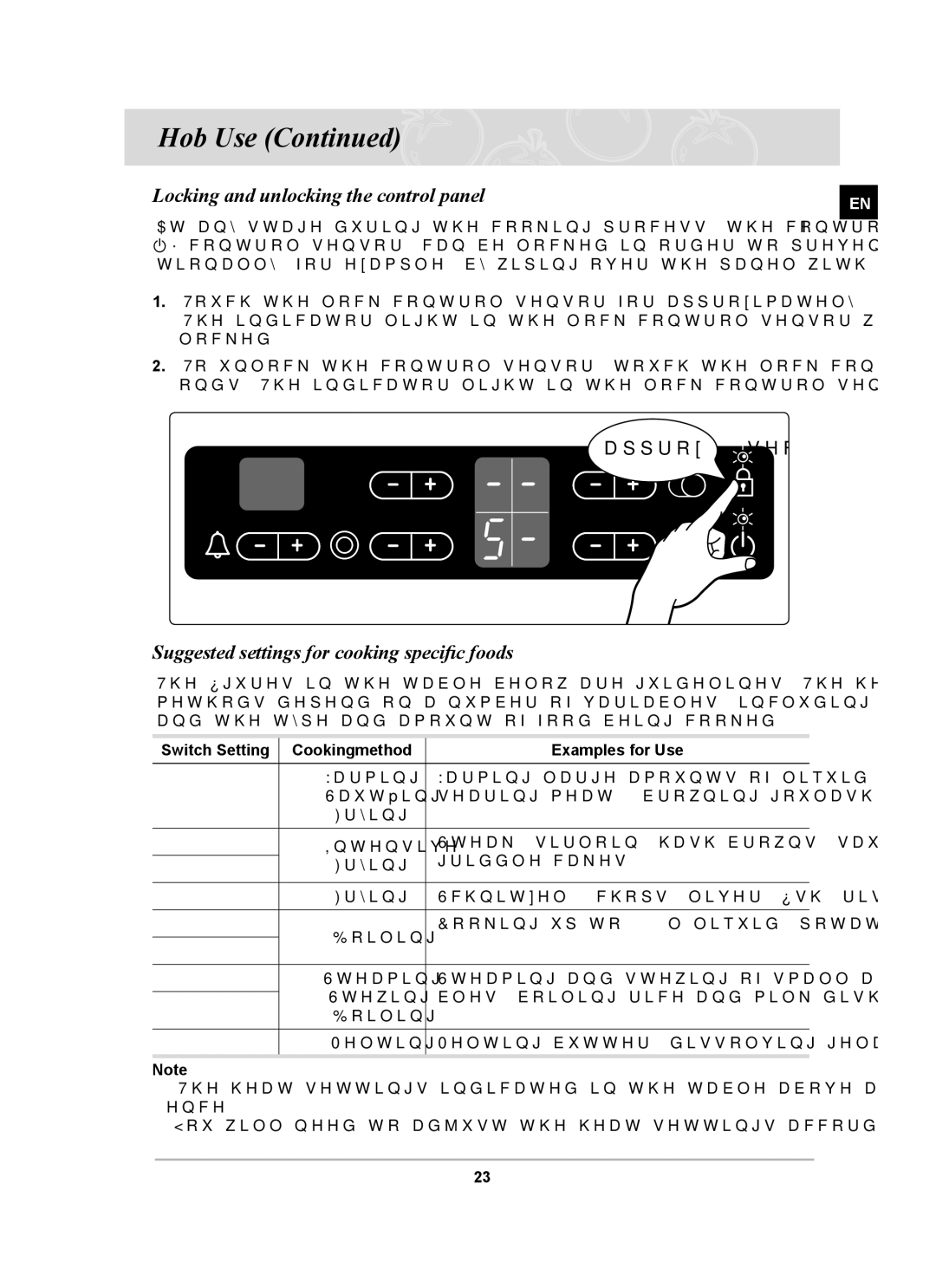 Samsung C61RCAST, C61RCDST, C61RCCN Locking and unlocking the control panel, Suggested settings for cooking speciﬁc foods 