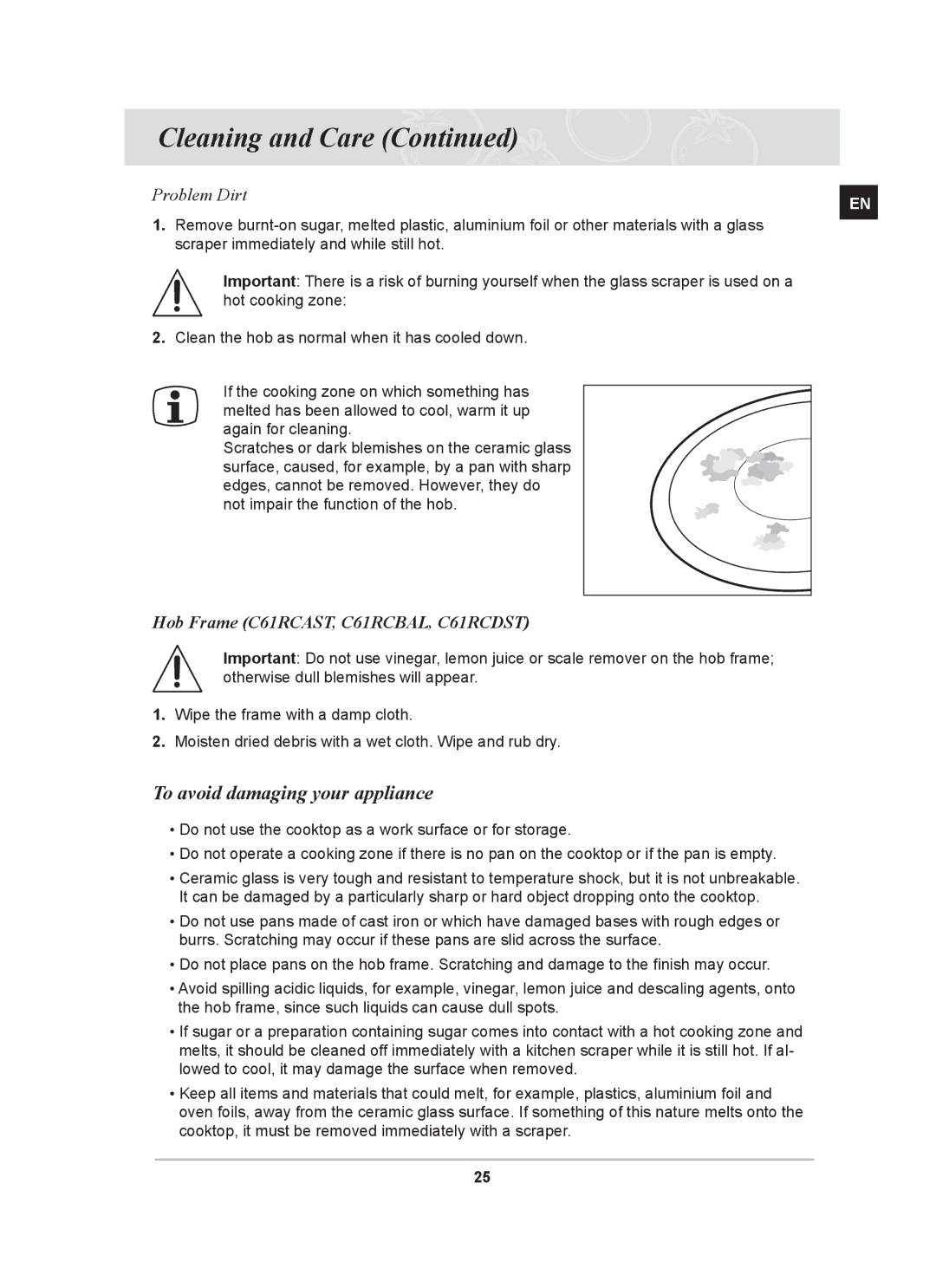 Samsung C61RCBAL, C61RCDST, C61RCAST, C61RCCN manual To avoid damaging your appliance, Problem Dirt 