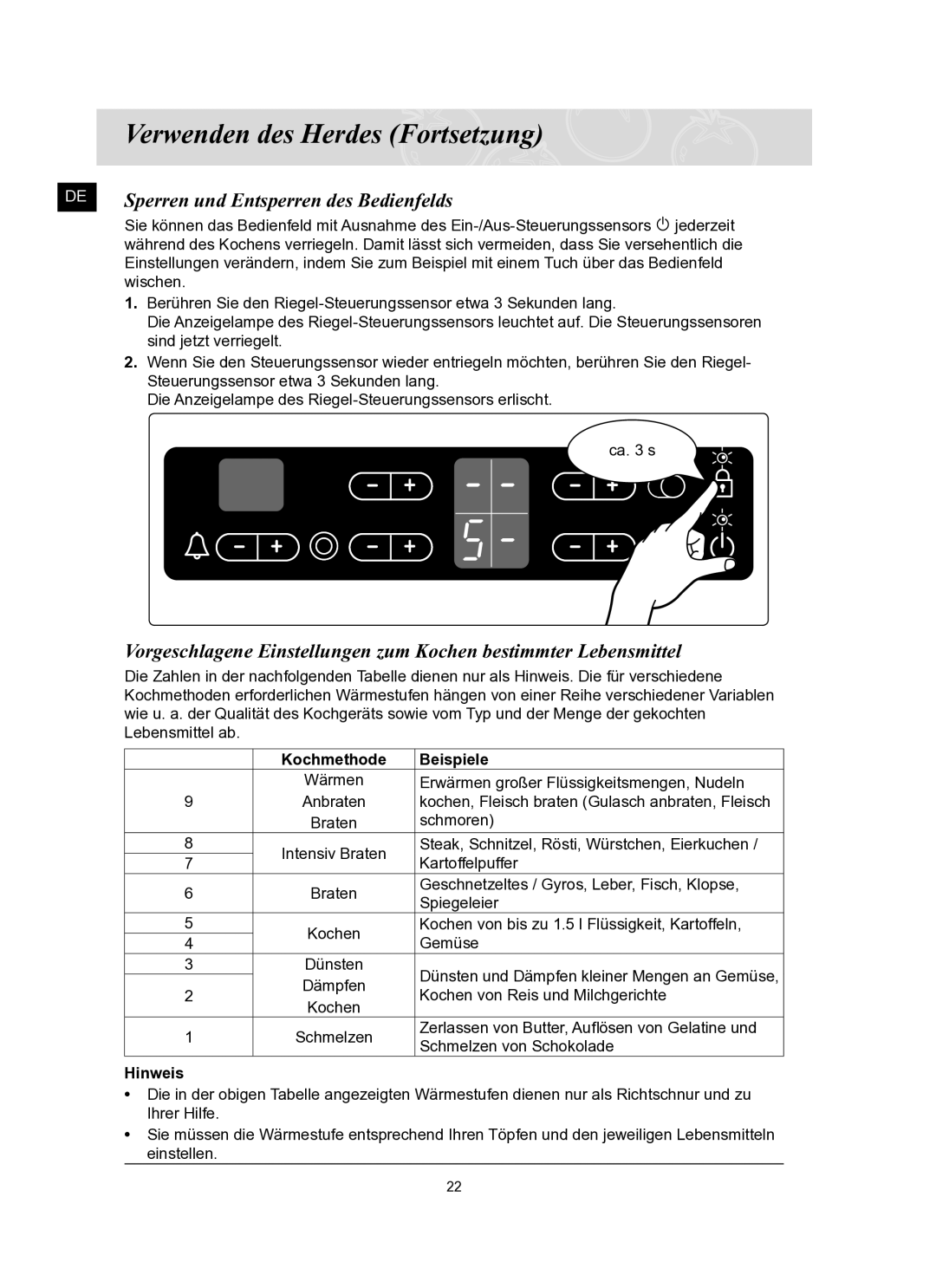 Samsung C61RCDST2/XEG manual Sperren und Entsperren des Bedienfelds, Beispiele 