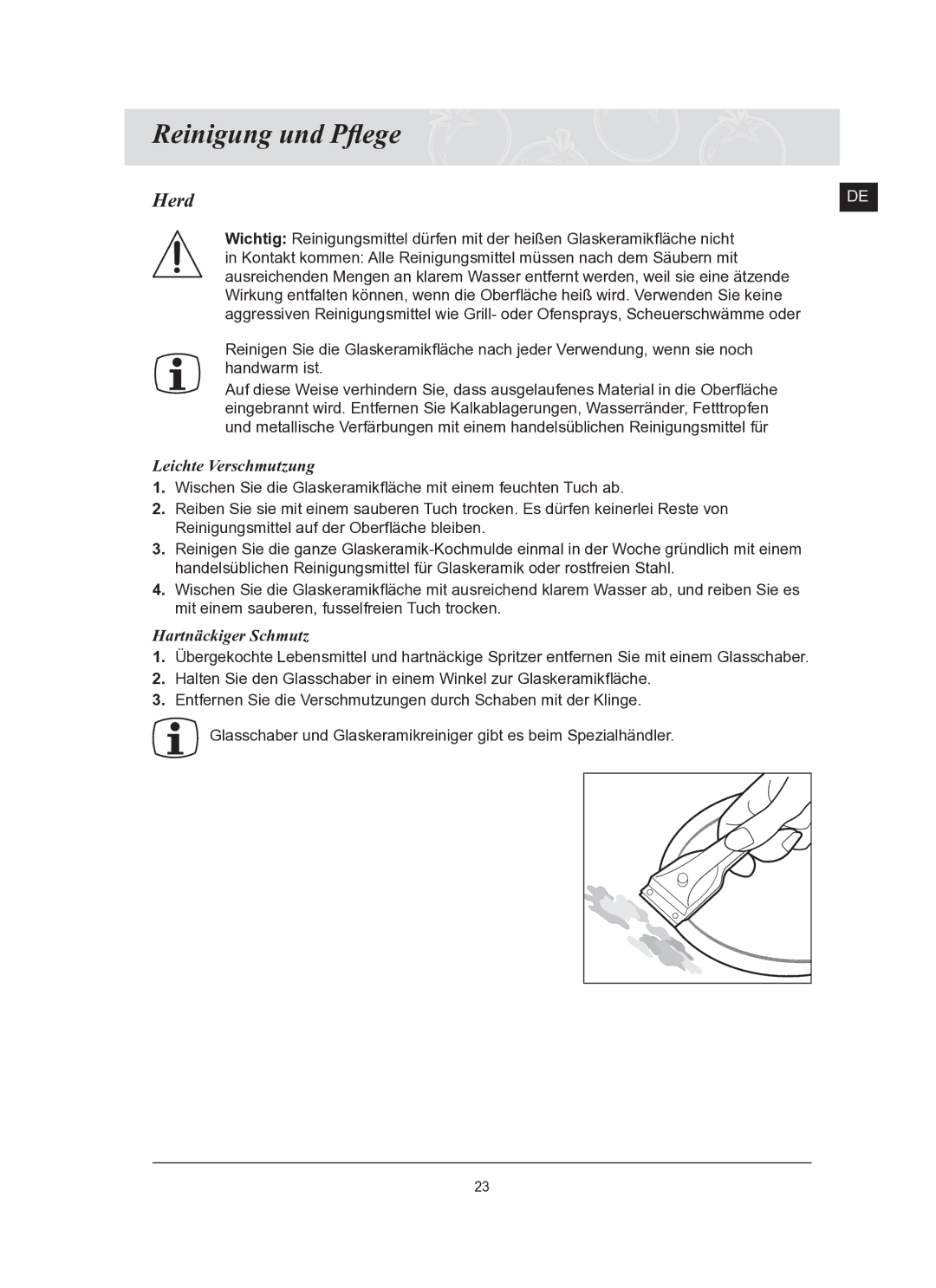 Samsung C61RCDST2/XEG manual Reinigung und Pﬂege, Herd, Leichte Verschmutzung, Hartnäckiger Schmutz 