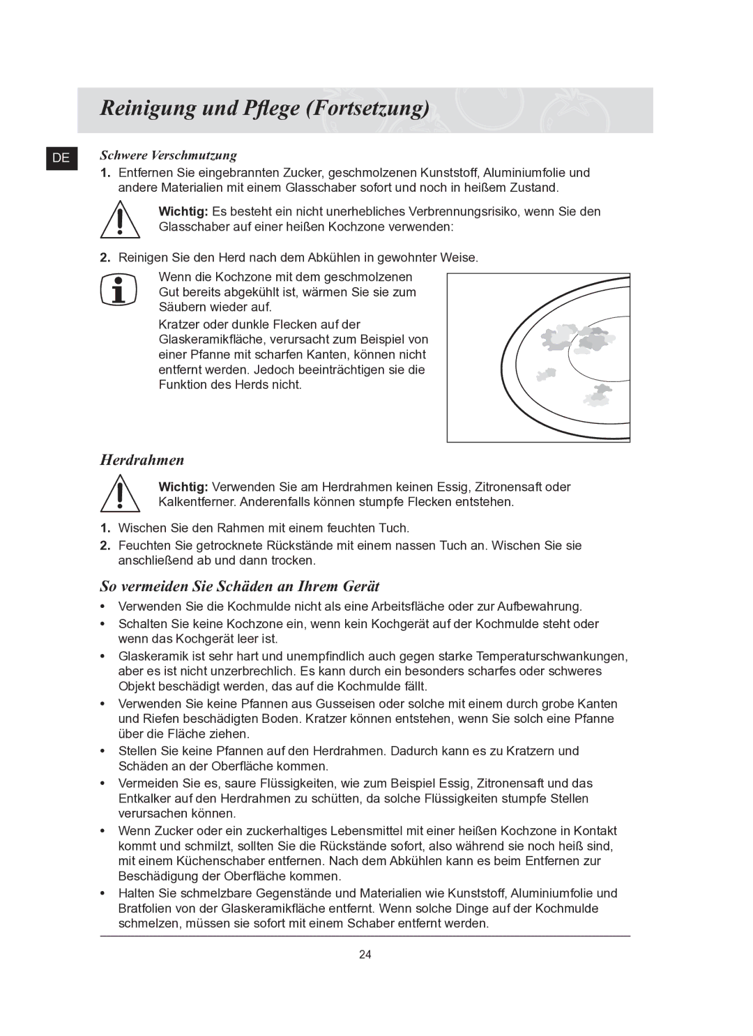 Samsung C61RCDST2/XEG manual Reinigung und Pﬂege Fortsetzung, Herdrahmen, So vermeiden Sie Schäden an Ihrem Gerät 