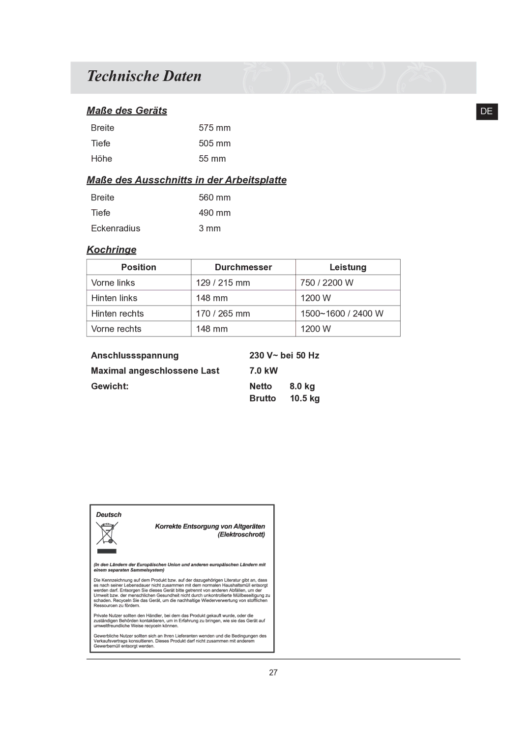 Samsung C61RCDST2/XEG manual Technische Daten, Kochringe 