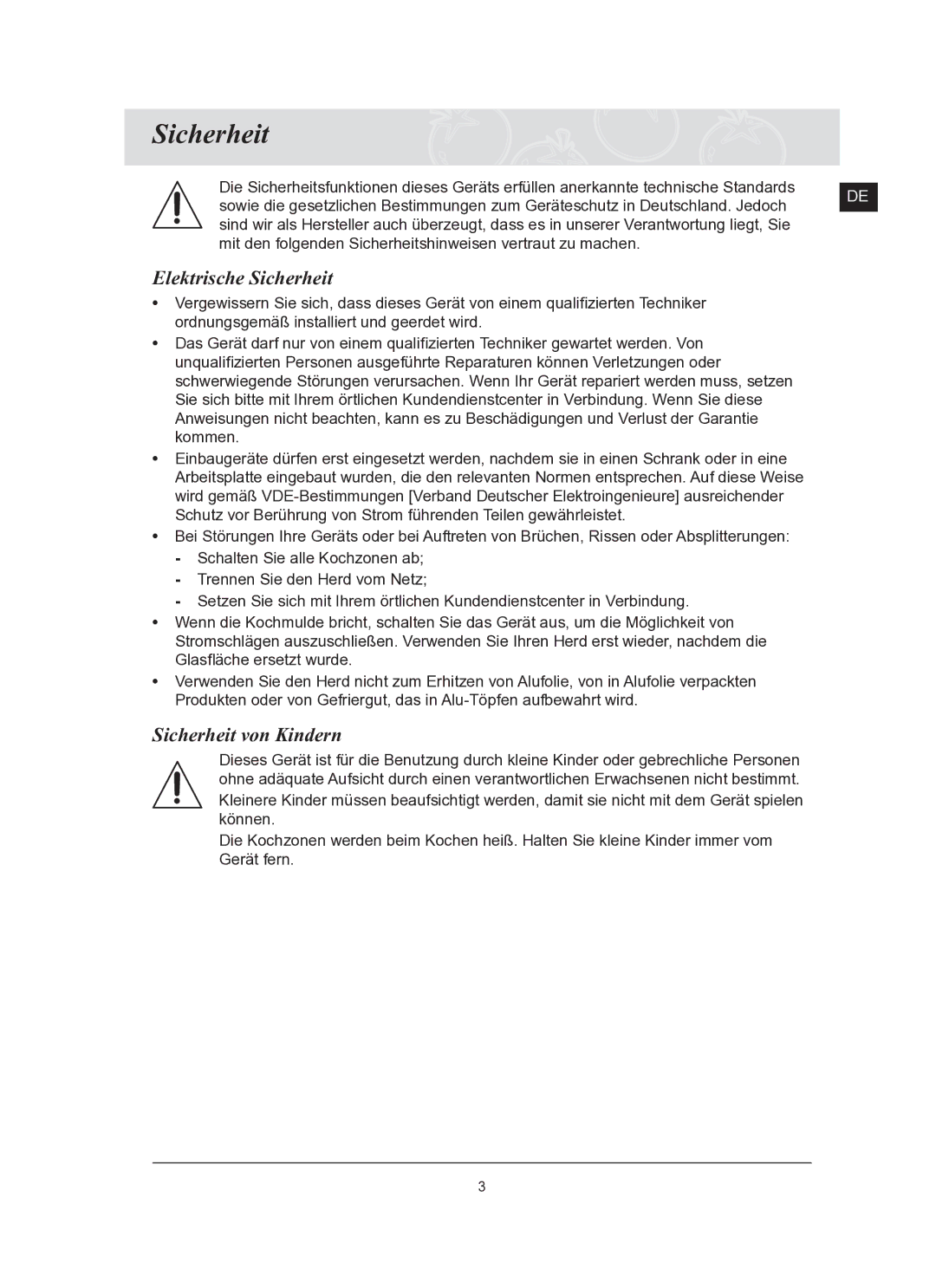 Samsung C61RCDST2/XEG manual Elektrische Sicherheit, Sicherheit von Kindern 