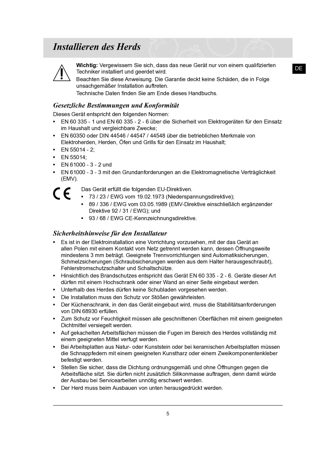 Samsung C61RCDST2/XEG manual Installieren des Herds, Gesetzliche Bestimmungen und Konformität 