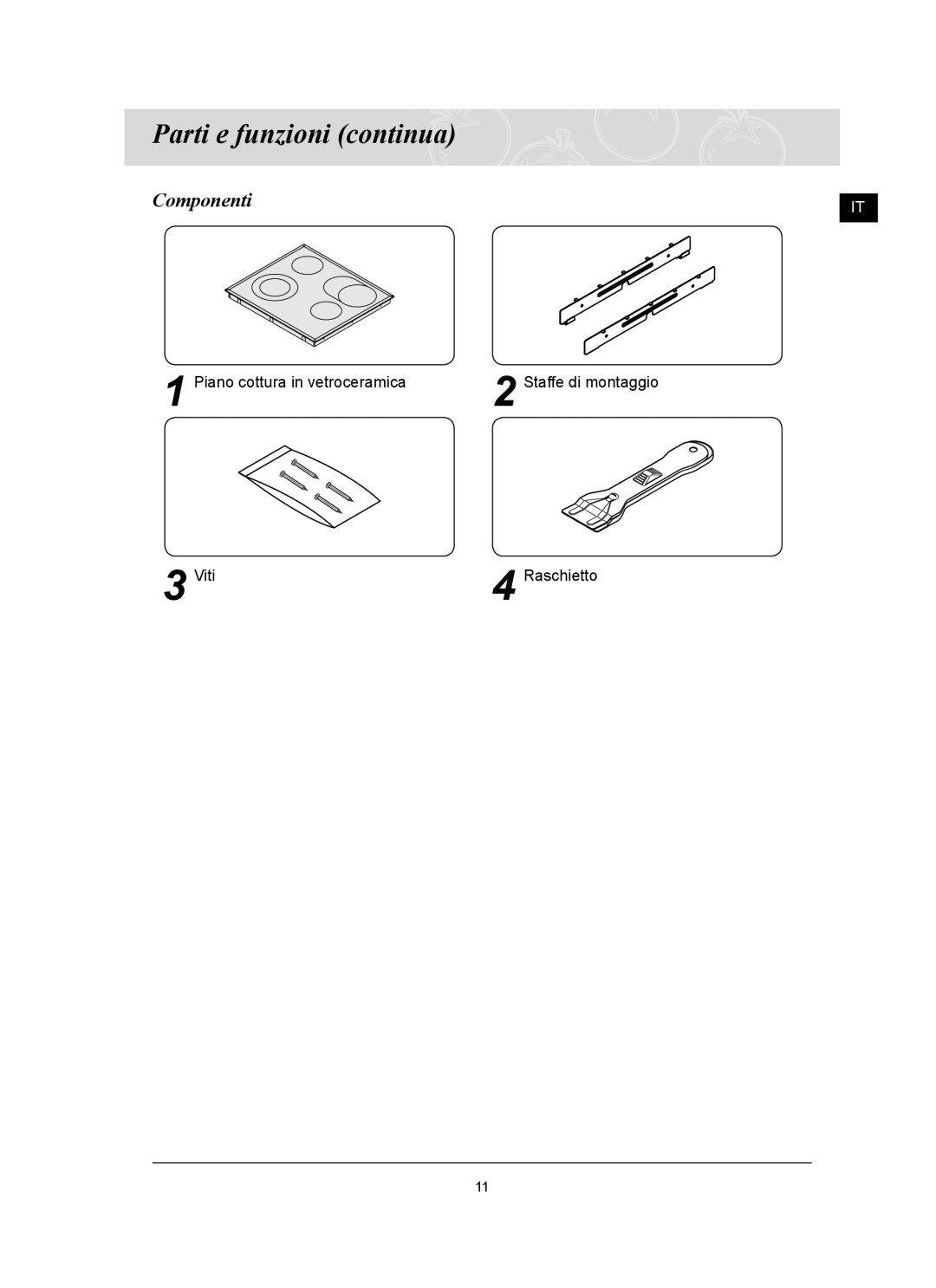 Samsung C61RCDST/XET manual Parti e funzioni continua, Componenti 