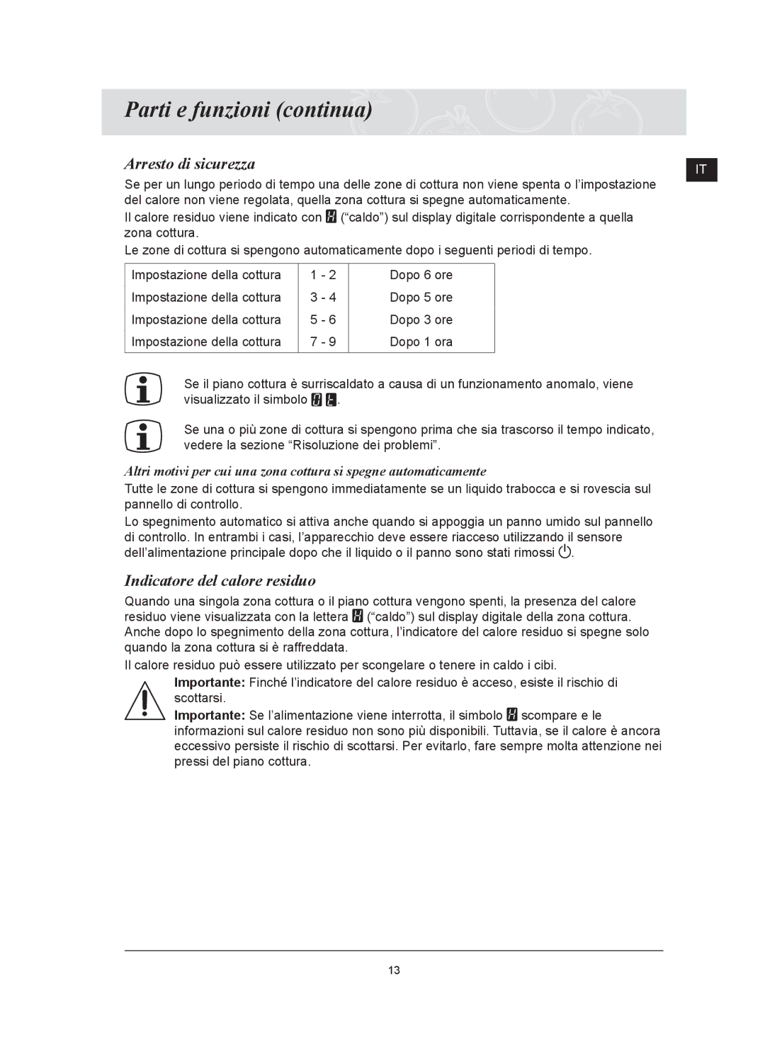 Samsung C61RCDST/XET manual Arresto di sicurezza, Indicatore del calore residuo 