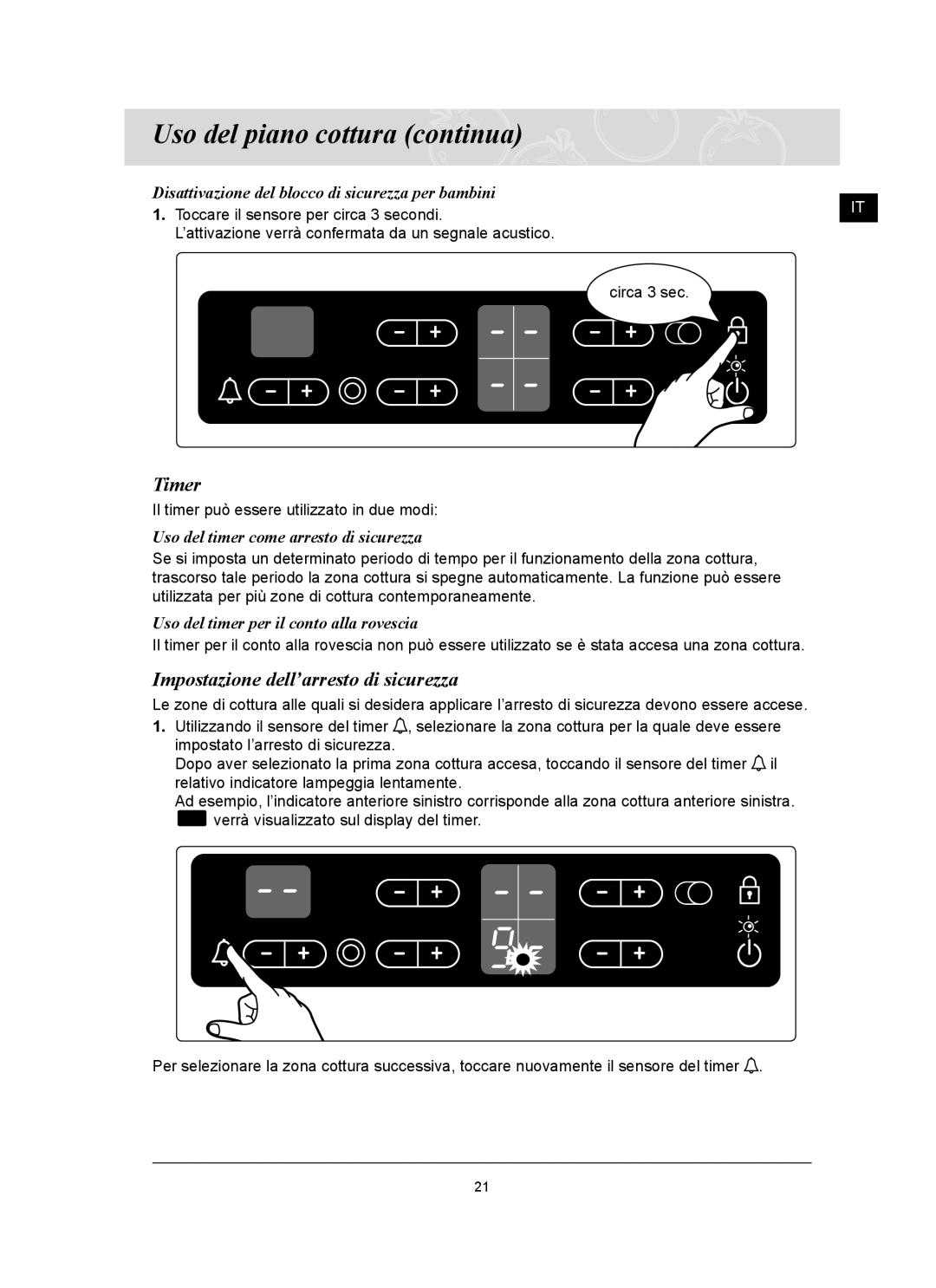 Samsung C61RCDST/XET Timer, Impostazione dell’arresto di sicurezza, Disattivazione del blocco di sicurezza per bambini 