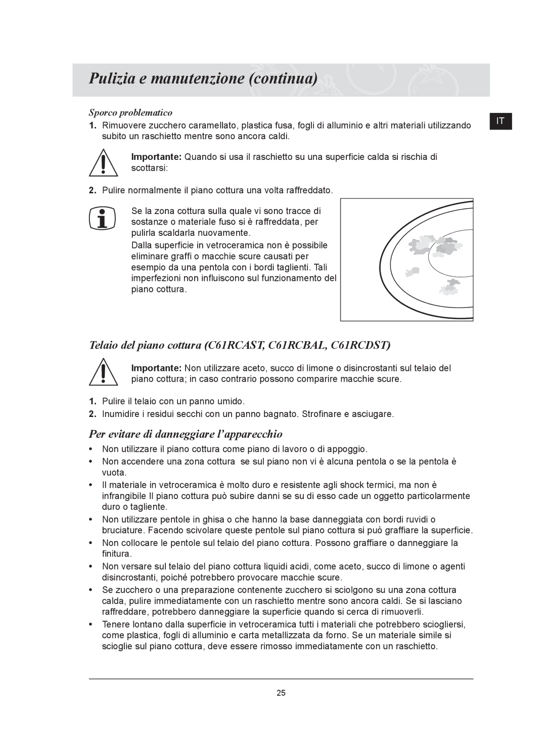 Samsung C61RCDST/XET manual Pulizia e manutenzione continua, Telaio del piano cottura C61RCAST, C61RCBAL, C61RCDST 