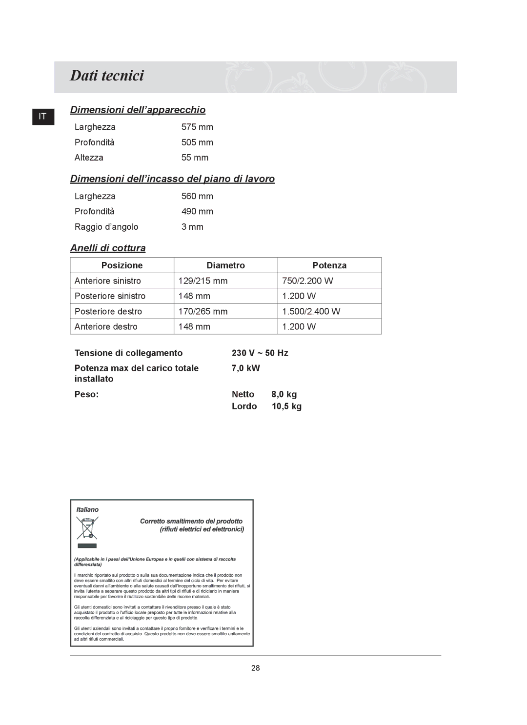 Samsung C61RCDST/XET manual Dati tecnici, Anelli di cottura 