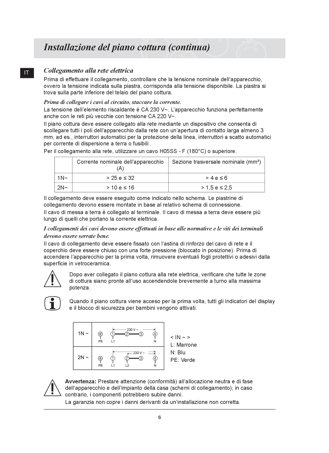 Samsung C61RCDST/XET manual Installazione del piano cottura continua, Collegamento alla rete elettrica 