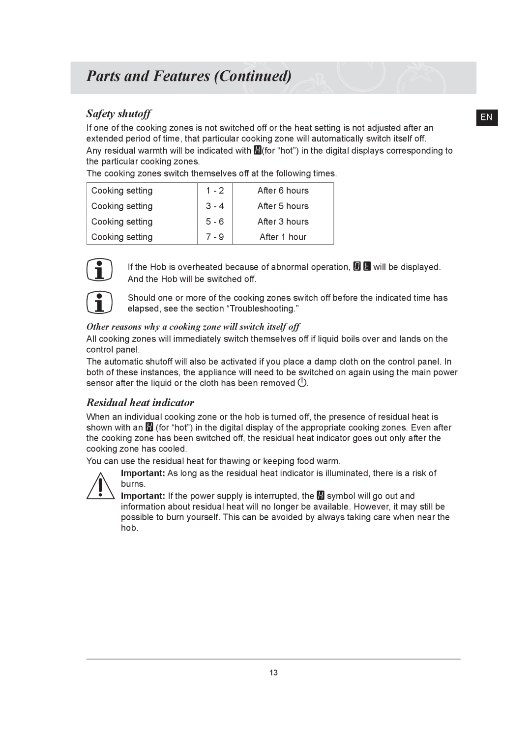 Samsung C61RCDST/XET Safety shutoff, Residual heat indicator, Other reasons why a cooking zone will switch itself off 