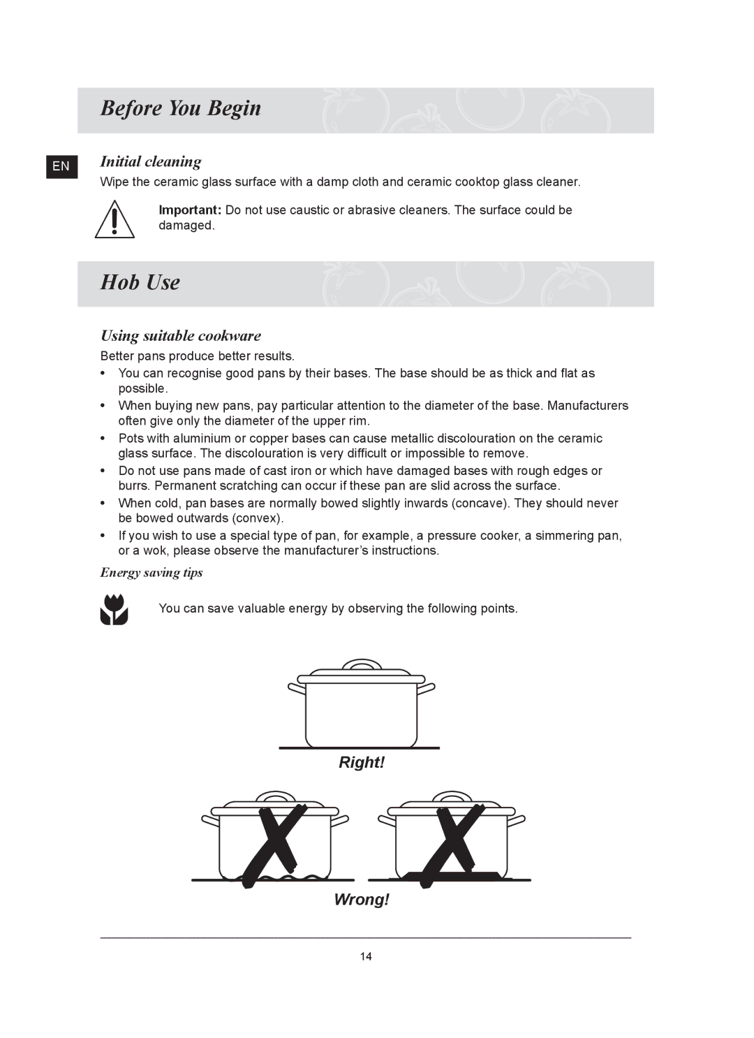 Samsung C61RCDST/XET manual Before You Begin, Hob Use, Initial cleaning, Using suitable cookware, Energy saving tips 