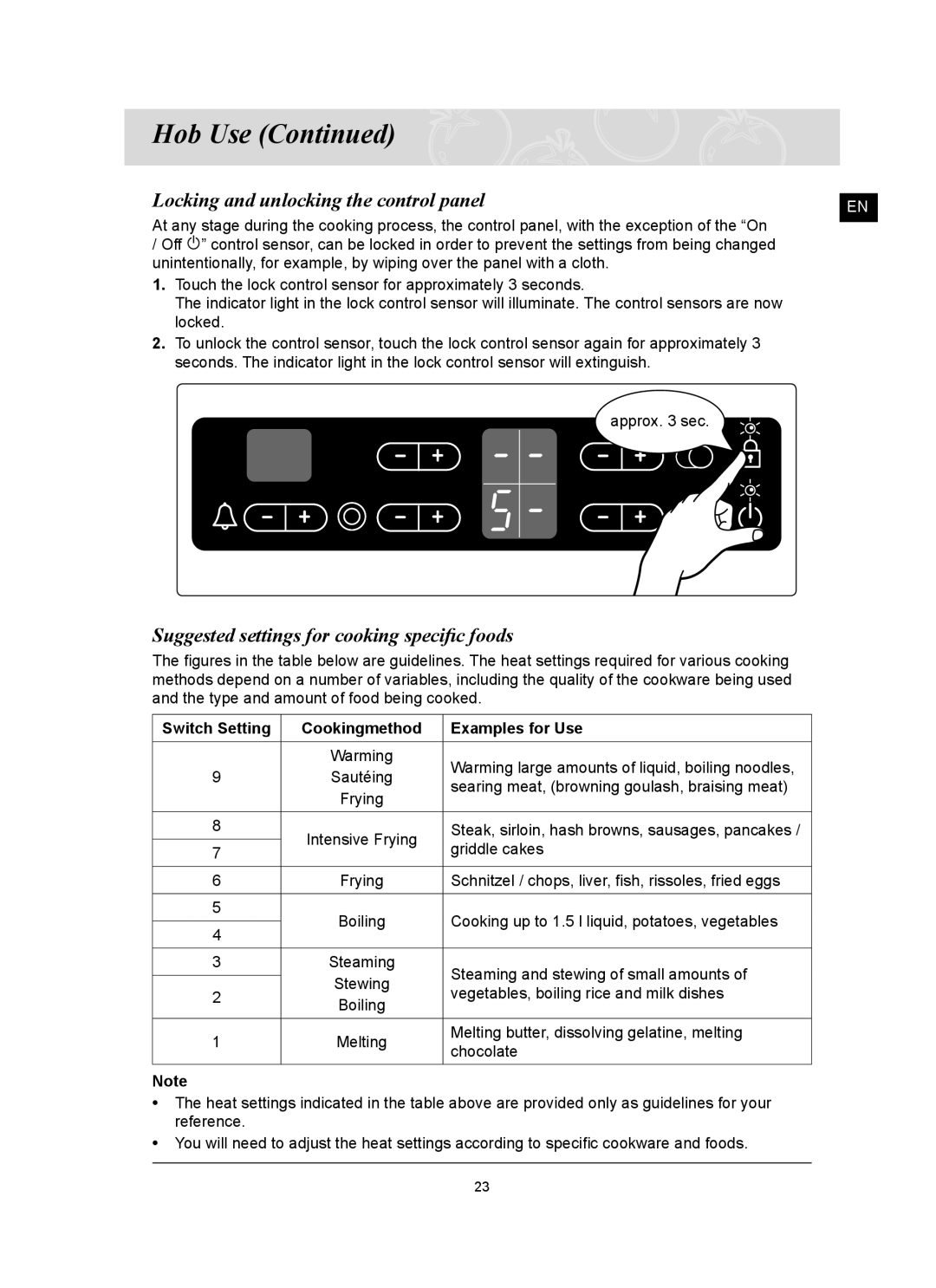 Samsung C61RCDST/XET manual Locking and unlocking the control panel, Suggested settings for cooking speciﬁc foods 