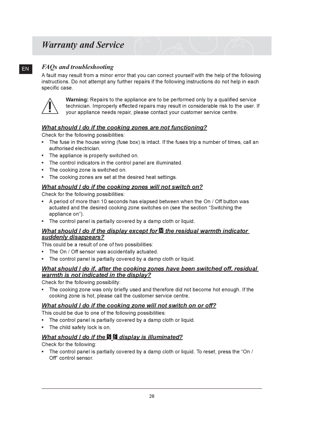 Samsung C61RCDST/XET manual Warranty and Service, FAQs and troubleshooting 