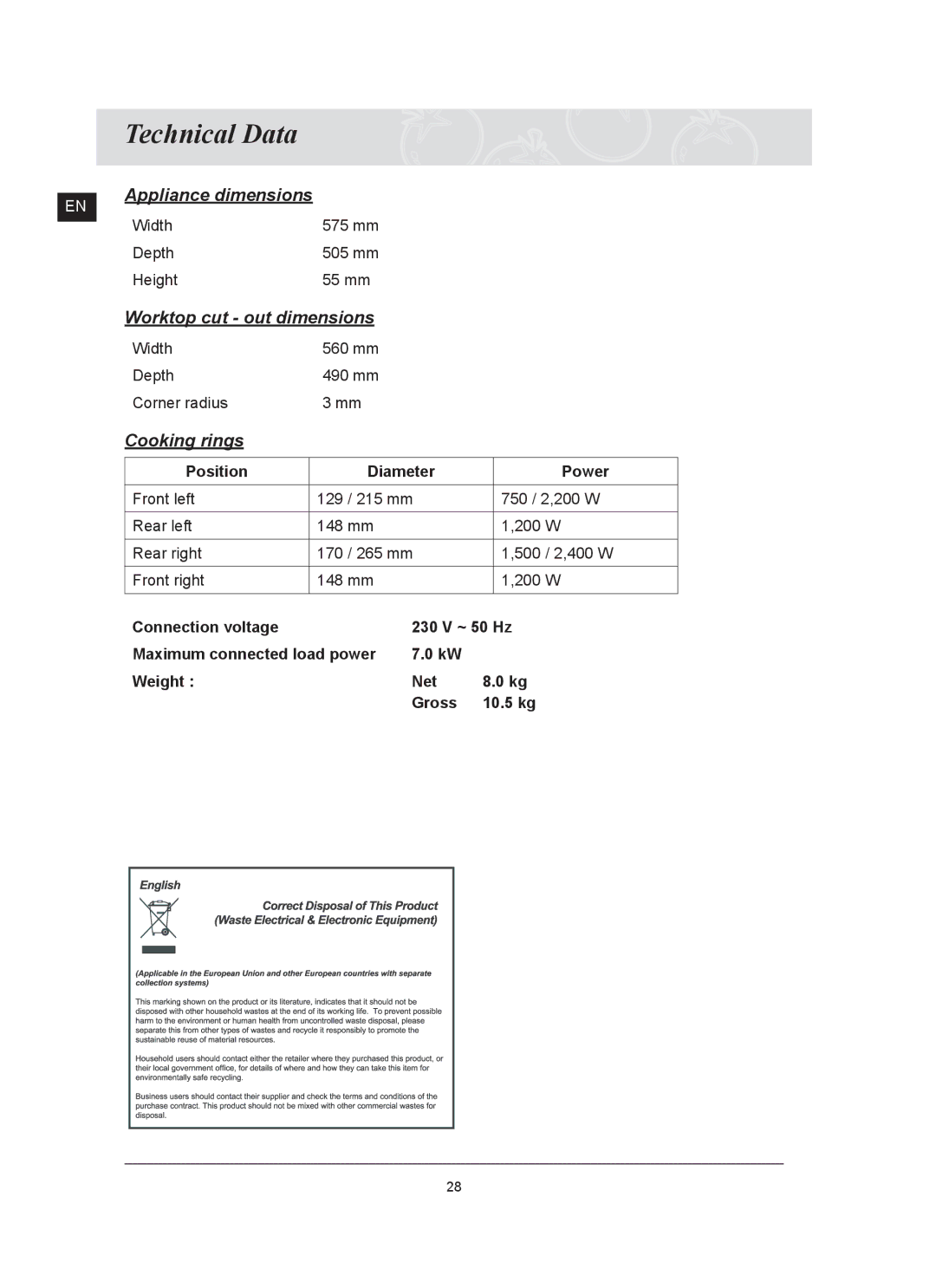 Samsung C61RCDST/XET manual Technical Data, Cooking rings 