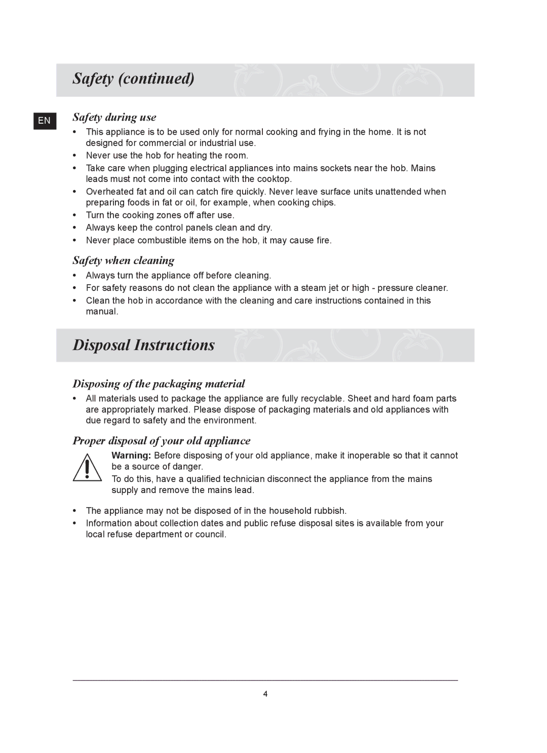 Samsung C61RCDST/XET Disposal Instructions, Safety during use, Safety when cleaning, Disposing of the packaging material 