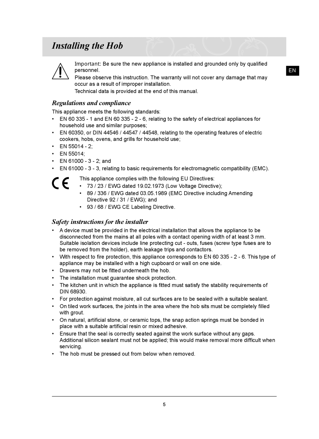 Samsung C61RCDST/XET manual Installing the Hob, Regulations and compliance, Safety instructions for the installer 