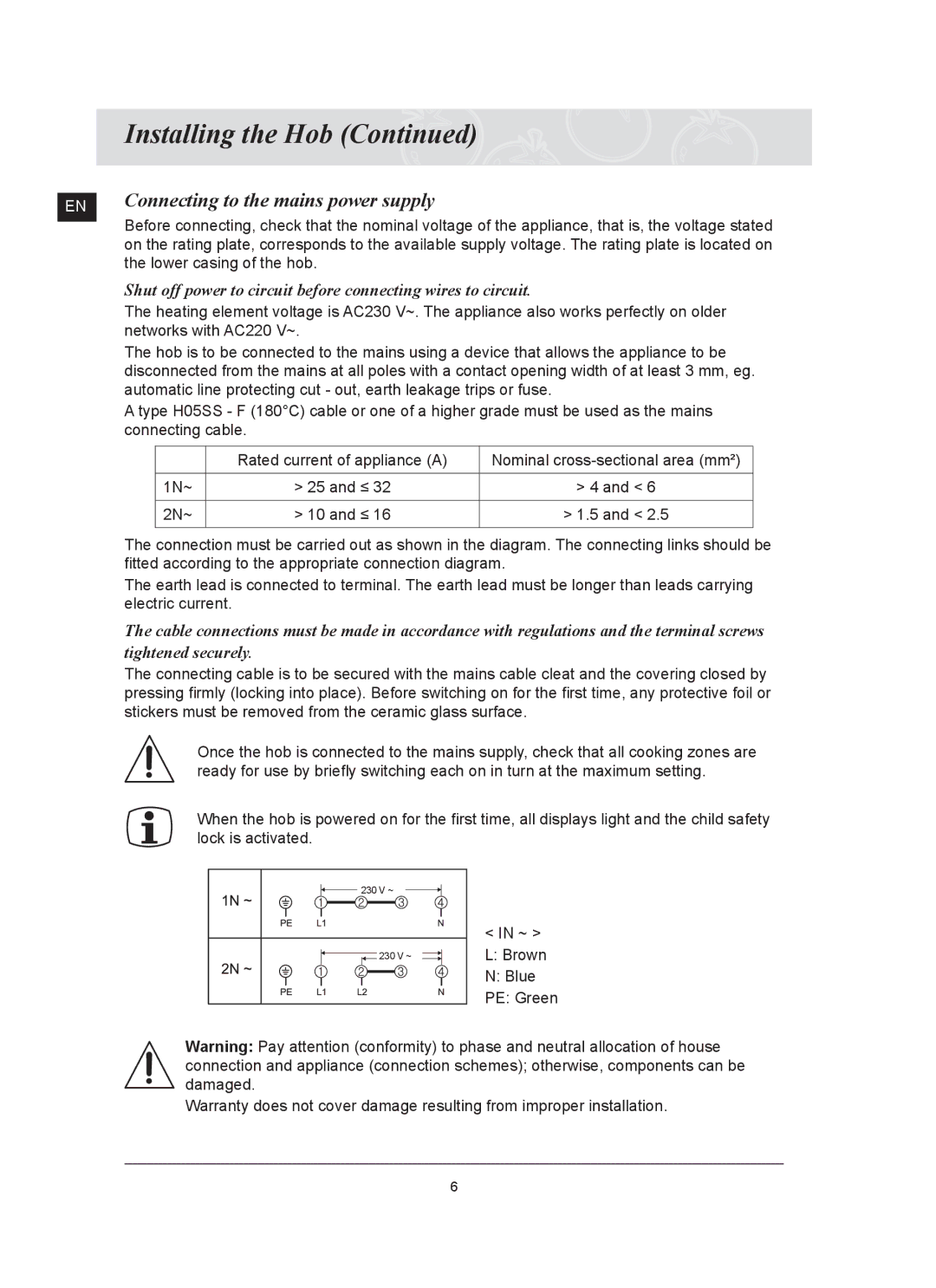 Samsung C61RCDST/XET Connecting to the mains power supply, Shut off power to circuit before connecting wires to circuit 