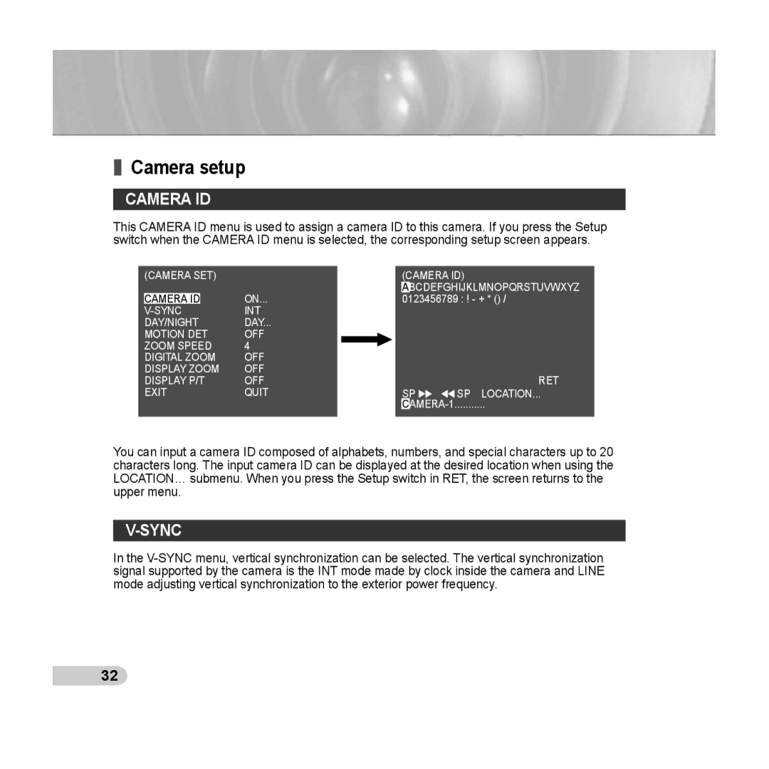 Samsung C6435(P), SCC-C6433(P) manual Camera setup, Camera ID, Sync 