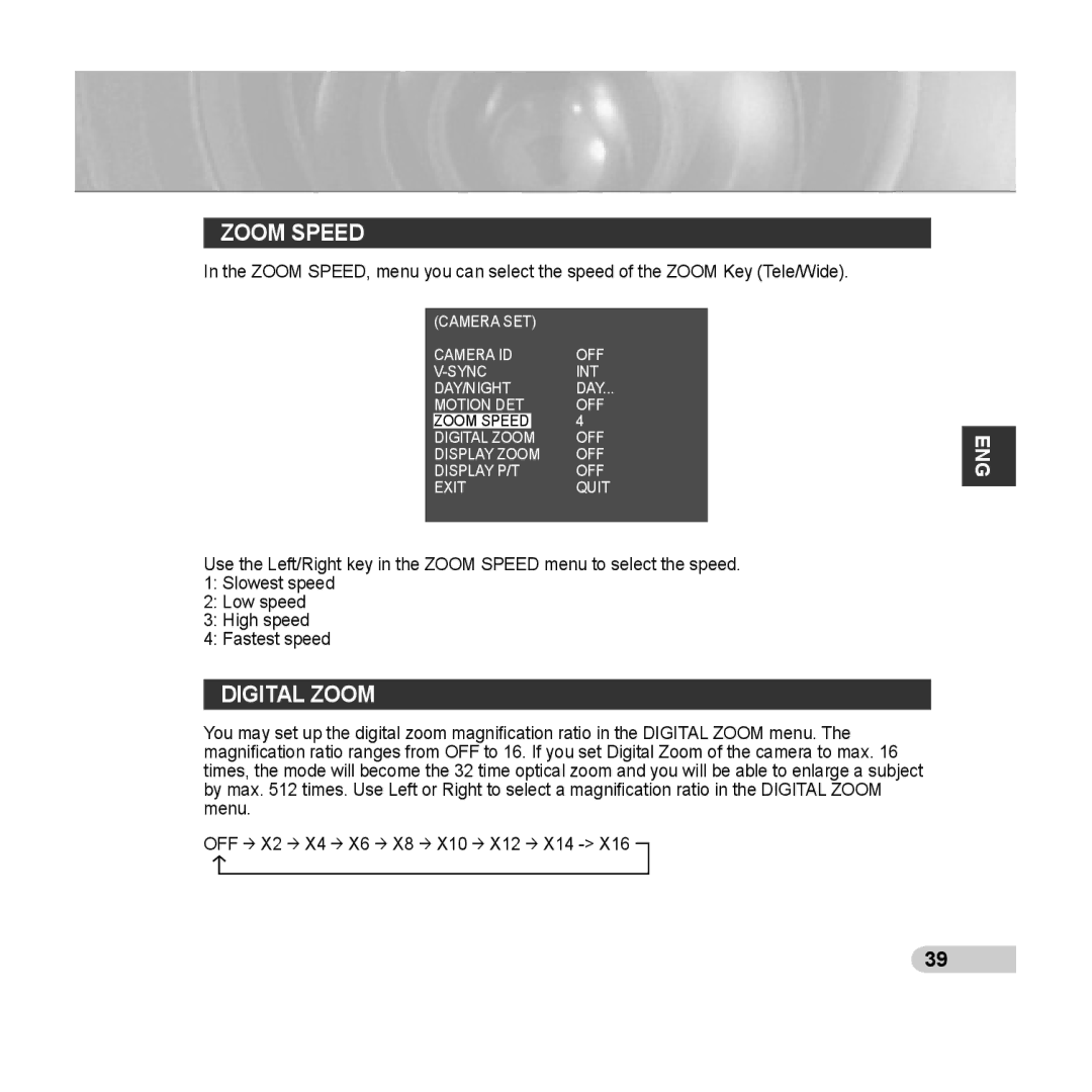 Samsung SCC-C6433(P), C6435(P) manual Zoom Speed, Digital Zoom 